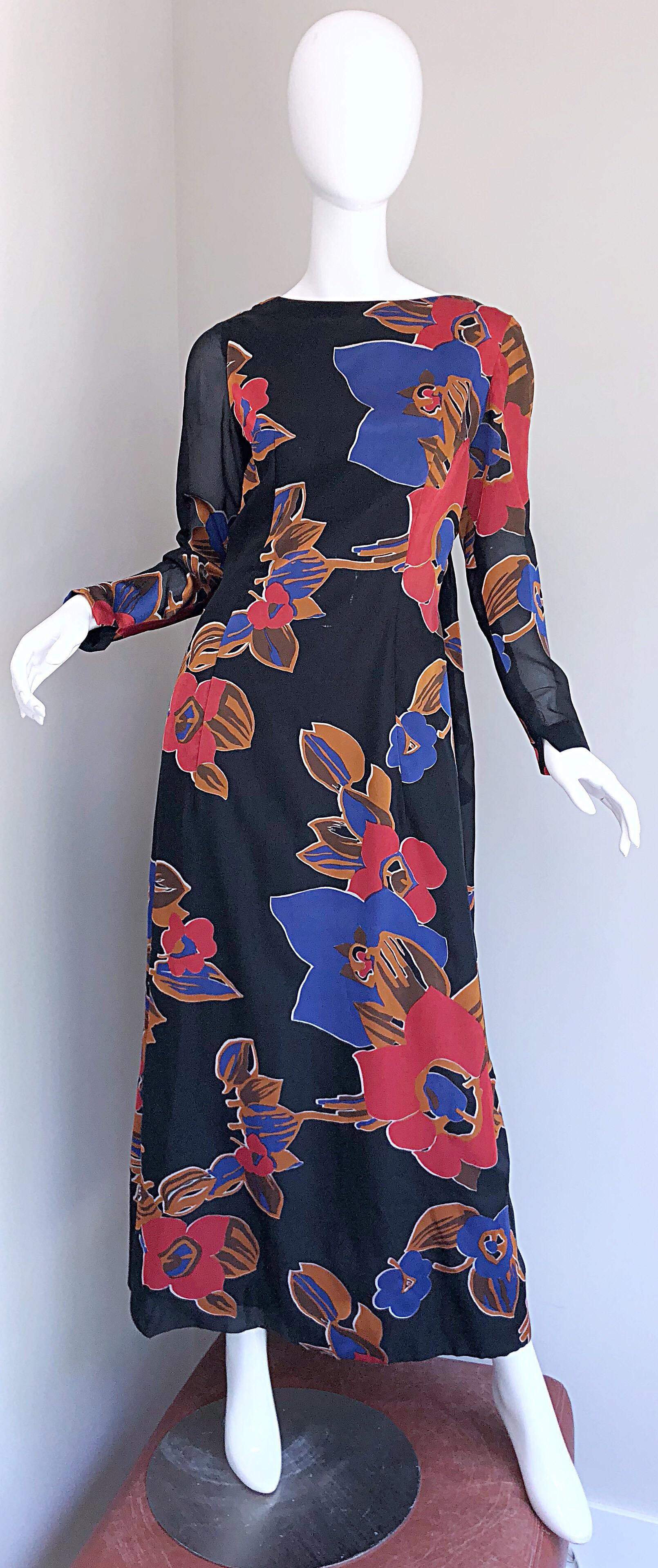 1960s John Boyle Bishop Black + Brown + Red Abstract Trained 60s Gown Maxi Dress For Sale 10