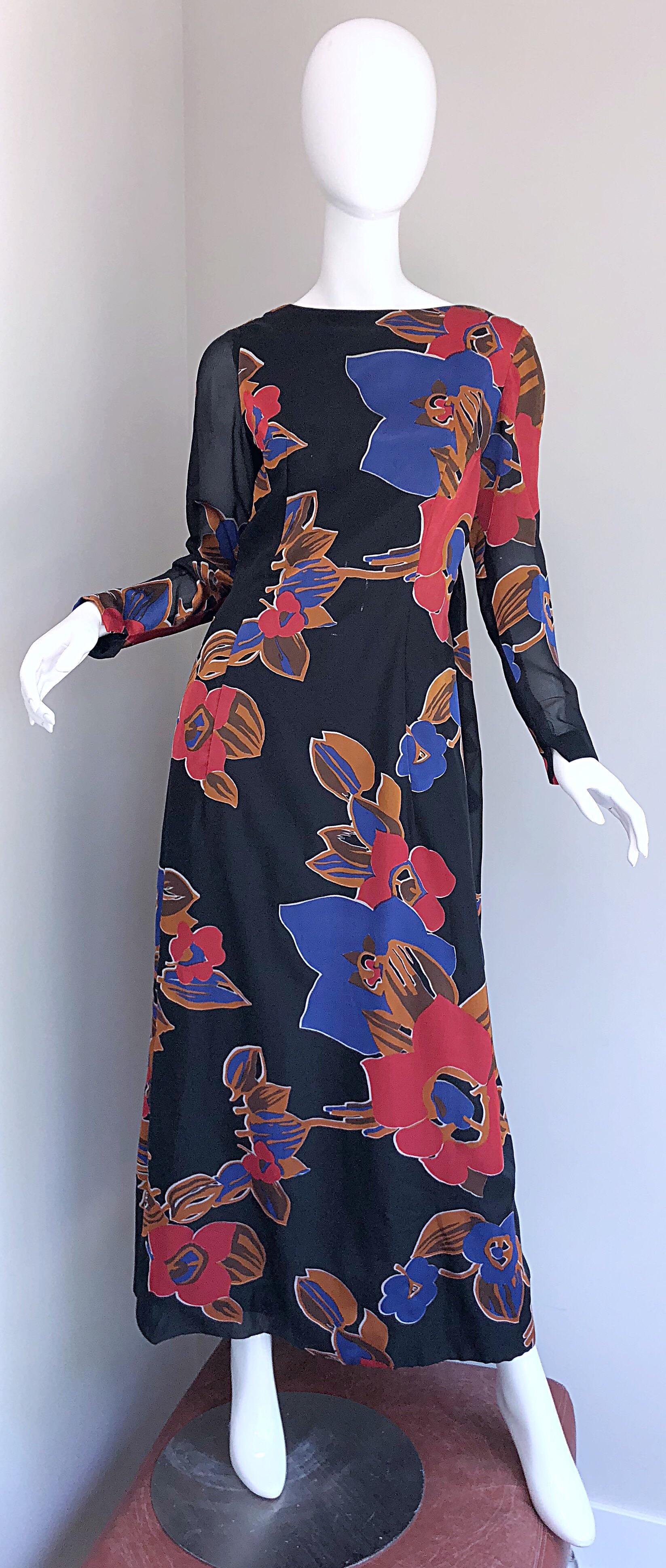 1960s John Boyle Bishop Black + Brown + Red Abstract Trained 60s Gown Maxi Dress For Sale 12