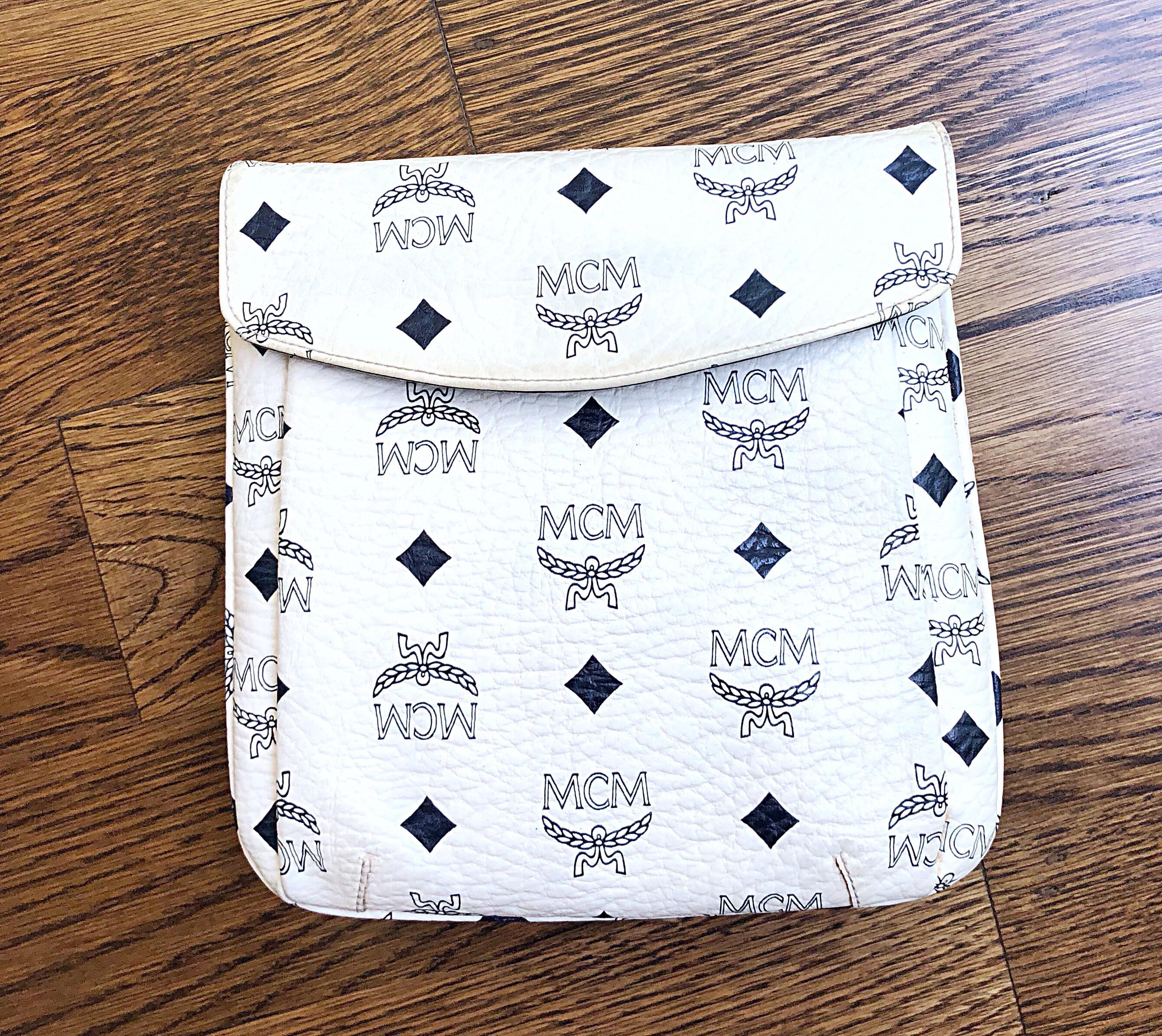 Gray Vintage MCM 70s Black and White Logo Small Crossbody Shoulder Travel Bag Purse 