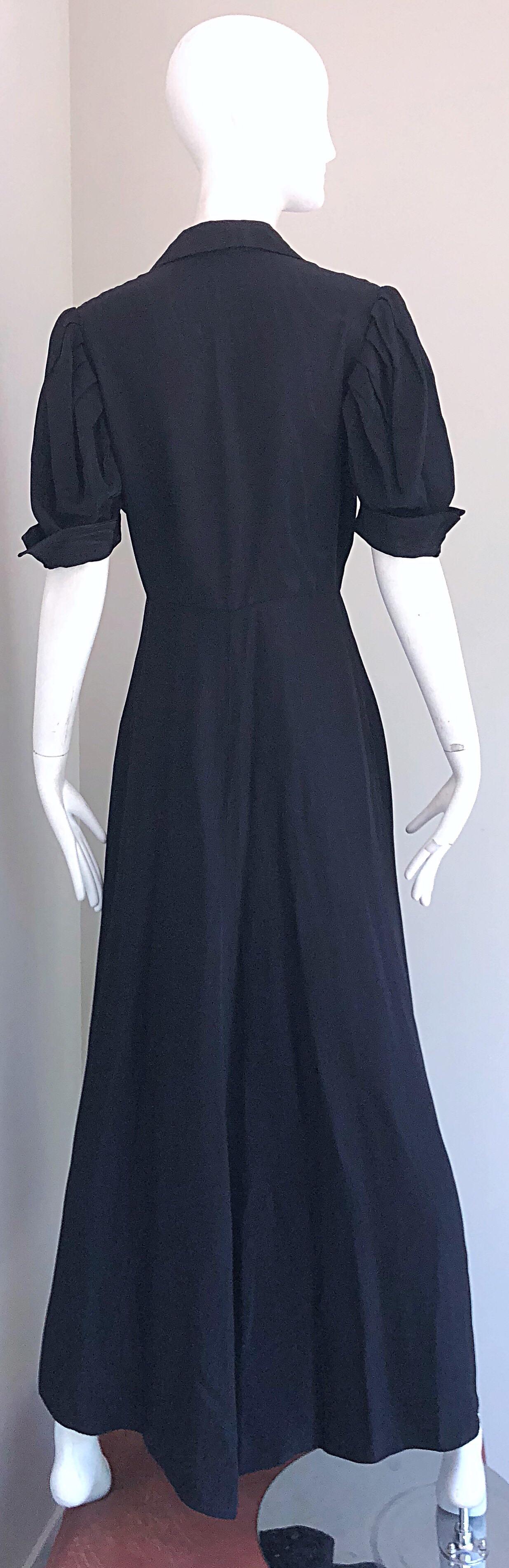 1940s Demi Couture Black Silk Moire Short Sleeve Vintage 40s Evening Gown Dress In Excellent Condition For Sale In San Diego, CA