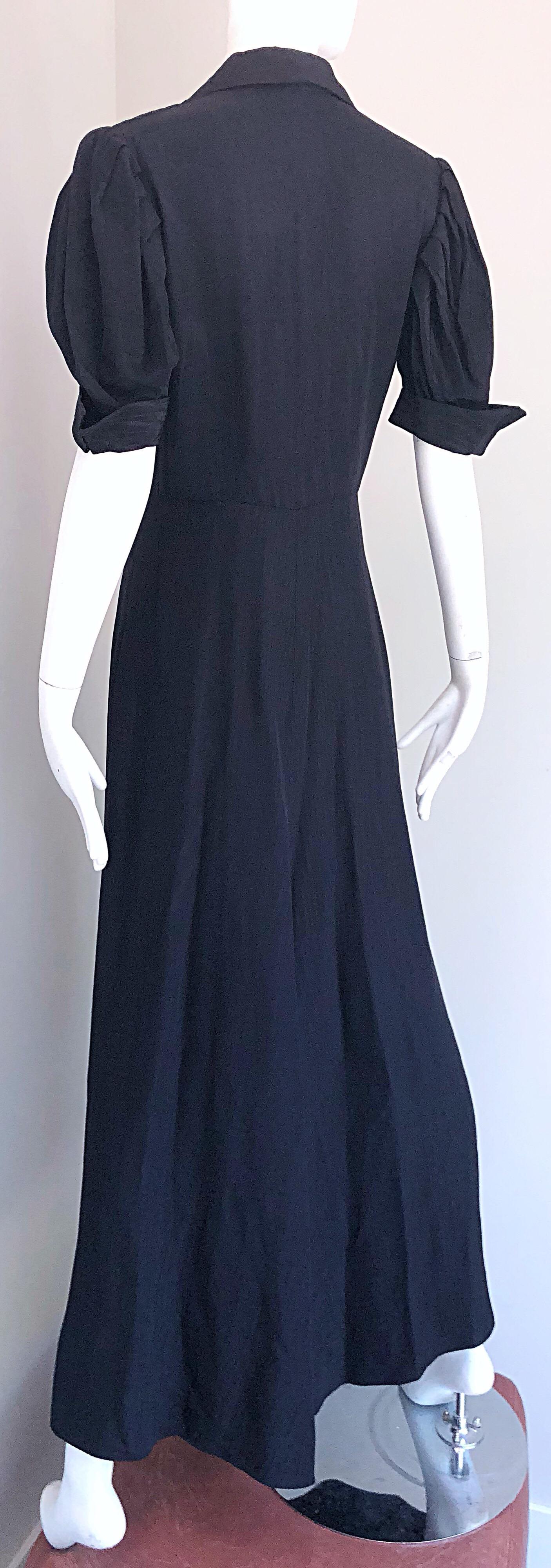 1940s Demi Couture Black Silk Moire Short Sleeve Vintage 40s Evening Gown Dress For Sale 2