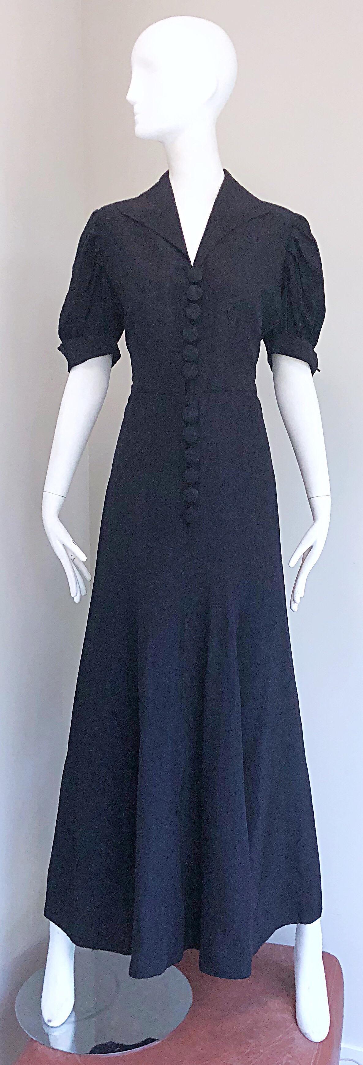 1940s Demi Couture Black Silk Moire Short Sleeve Vintage 40s Evening Gown Dress For Sale 4