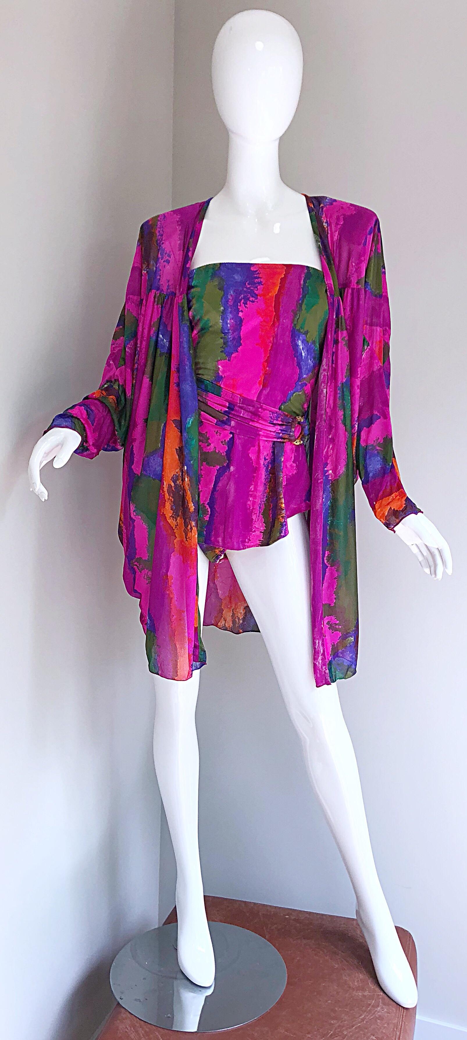 Fabulous vintage 1980s / 80s OSCAR DE LA RENTA strapless one piece swimsuit AND jacket cover up. Vibrant colors of hot pink, purple, fuchsia, chartreuse green, kelly green and orange. Beautiful watercolor print. Flattering ruching detail at waist