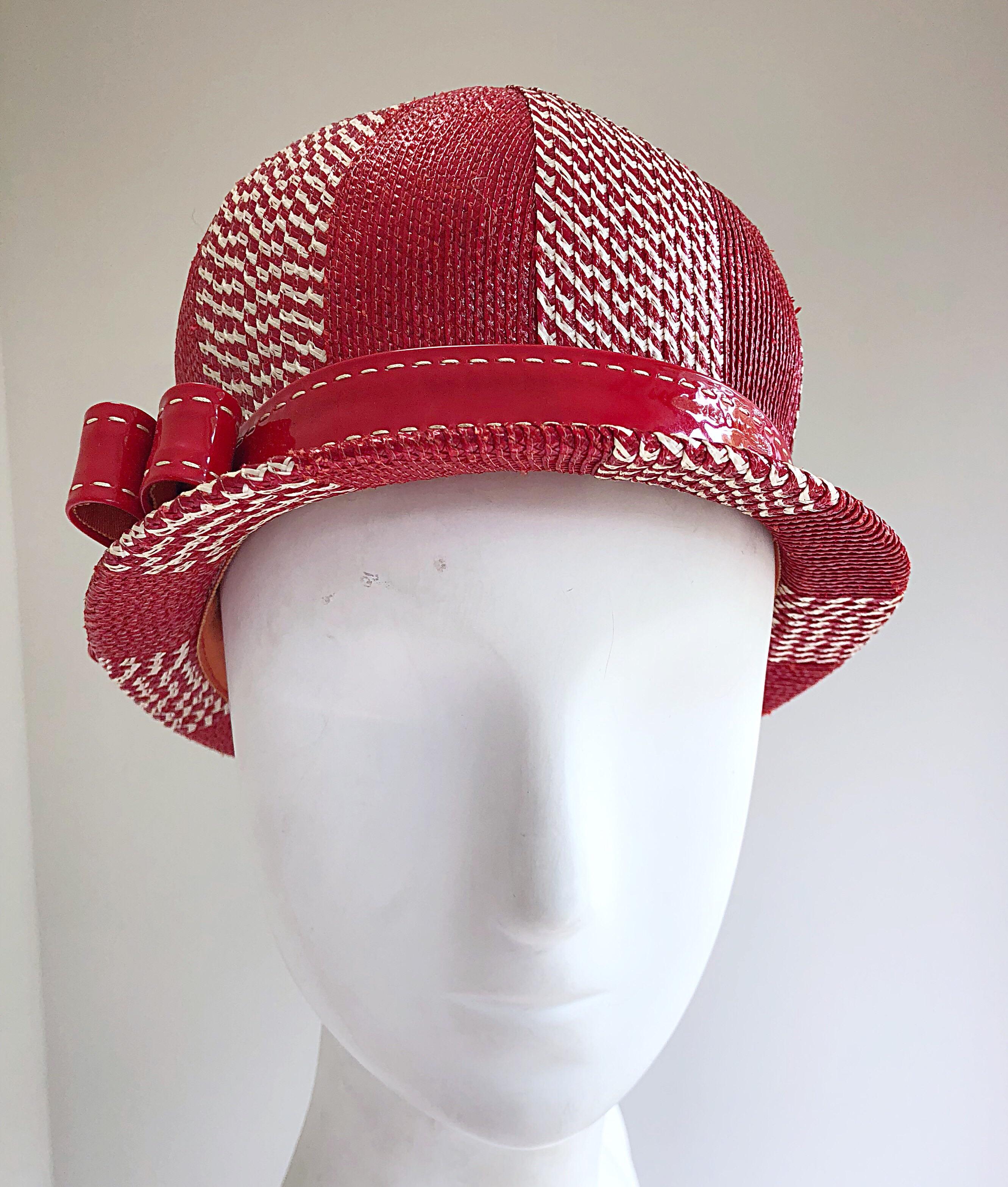 Gray Chic 1960s Adele Claire Red + White Waxed Wicker Patent 60s Vintage Cloche Hat