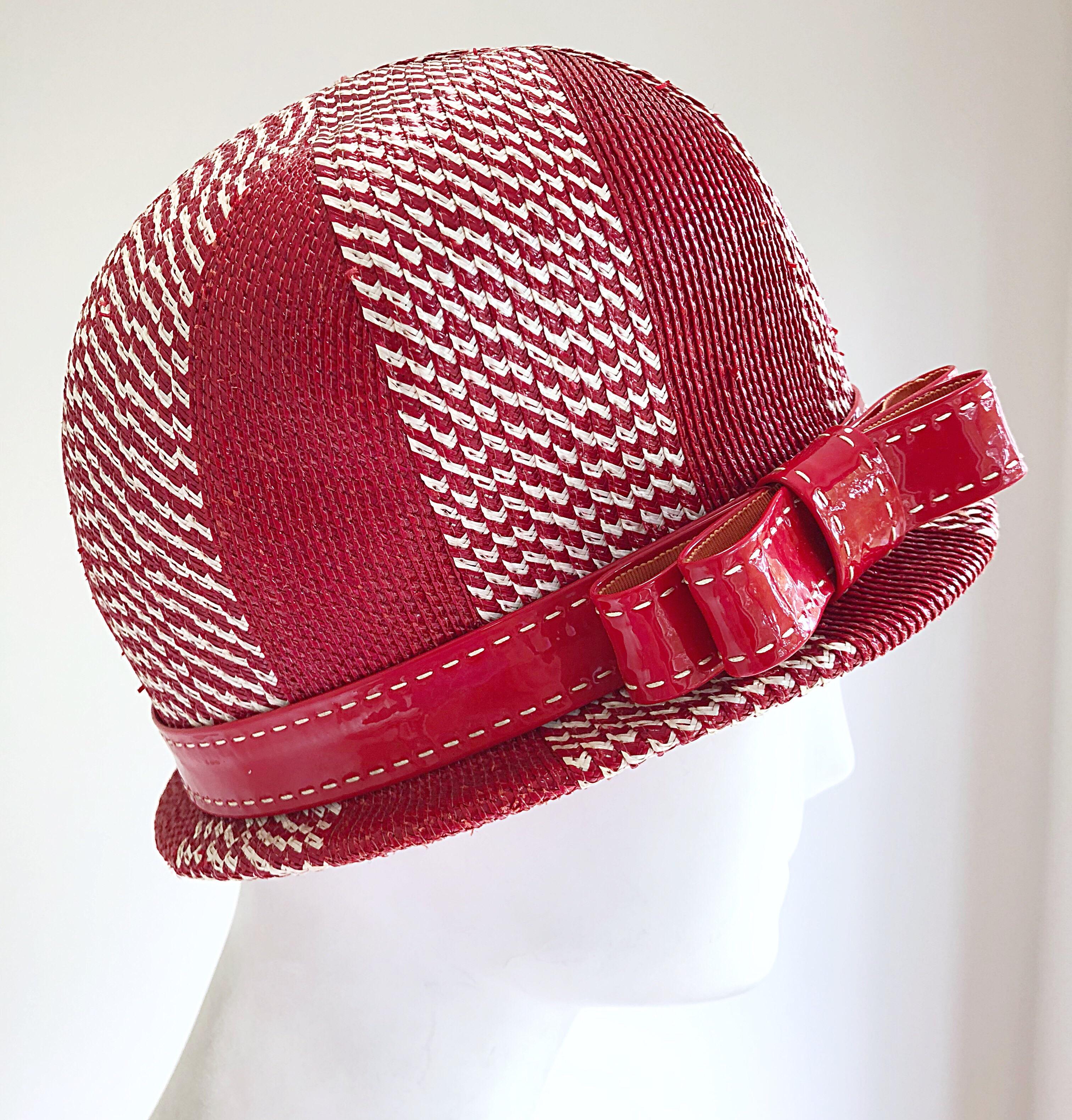 Women's Chic 1960s Adele Claire Red + White Waxed Wicker Patent 60s Vintage Cloche Hat