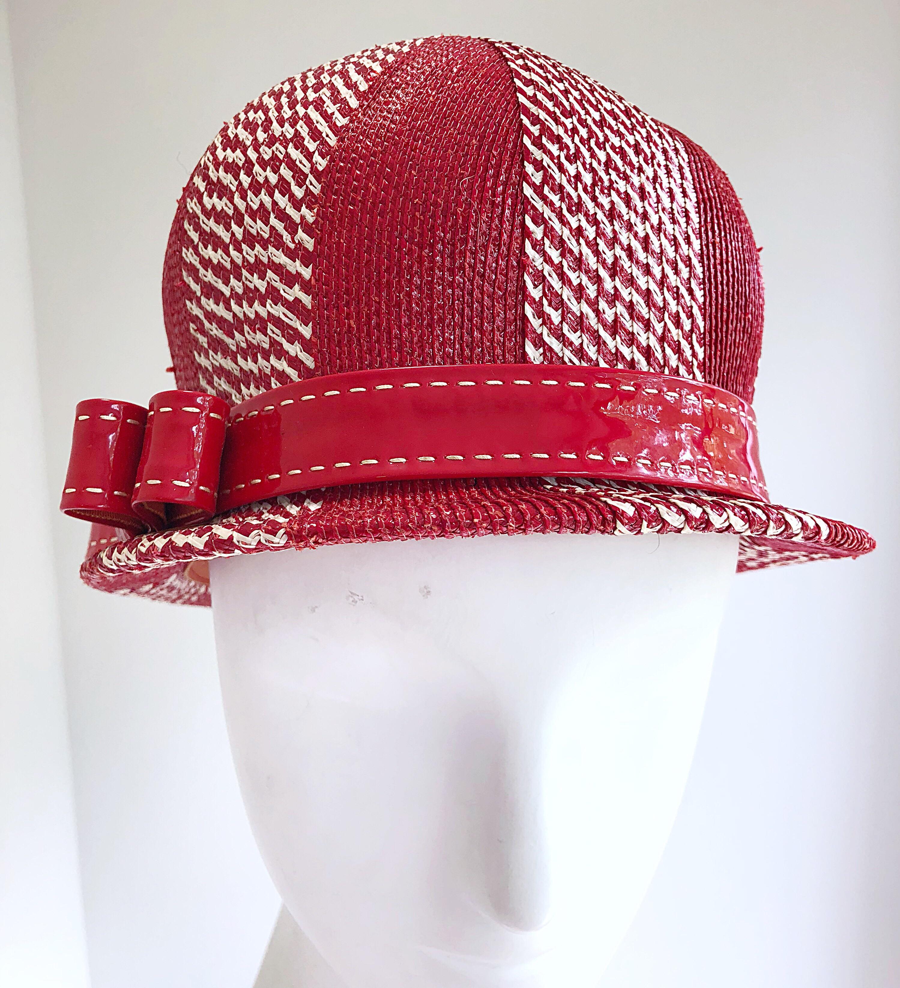 Chic 1960s Adele Claire Red + White Waxed Wicker Patent 60s Vintage Cloche Hat 1