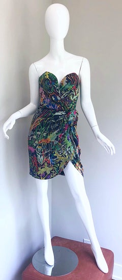 Vintage Vicky Tiel Couture Botanical Print 80s Size 6 / 8 Silk Strapless Dress