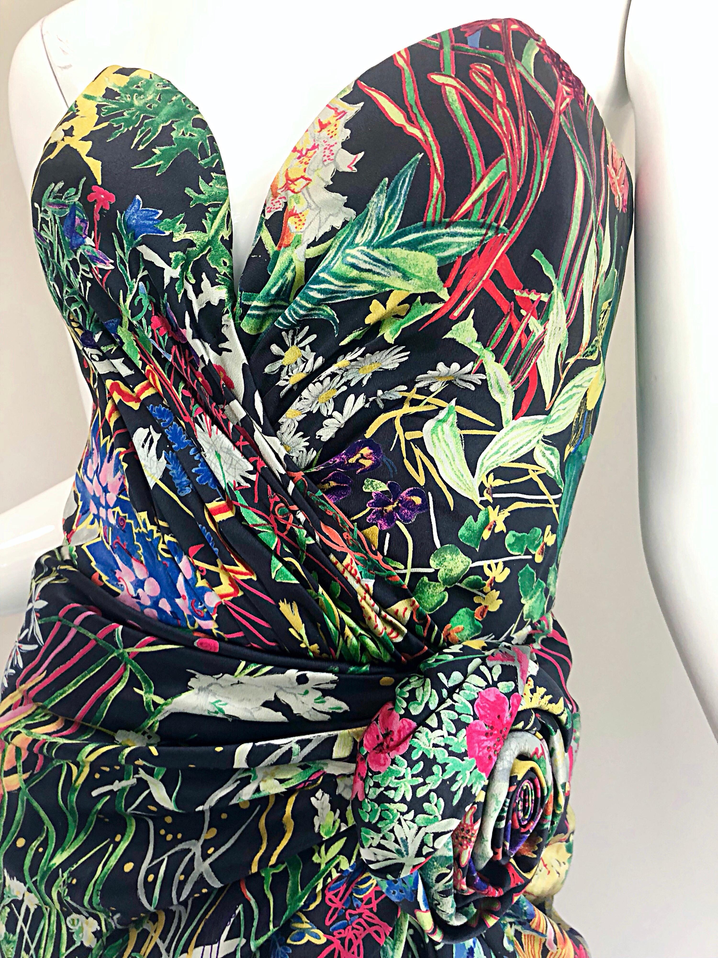 Vintage Vicky Tiel Couture Estampado botánico años 80 Talla 6 / 8 Vestido de seda sin tirantes Negro en venta
