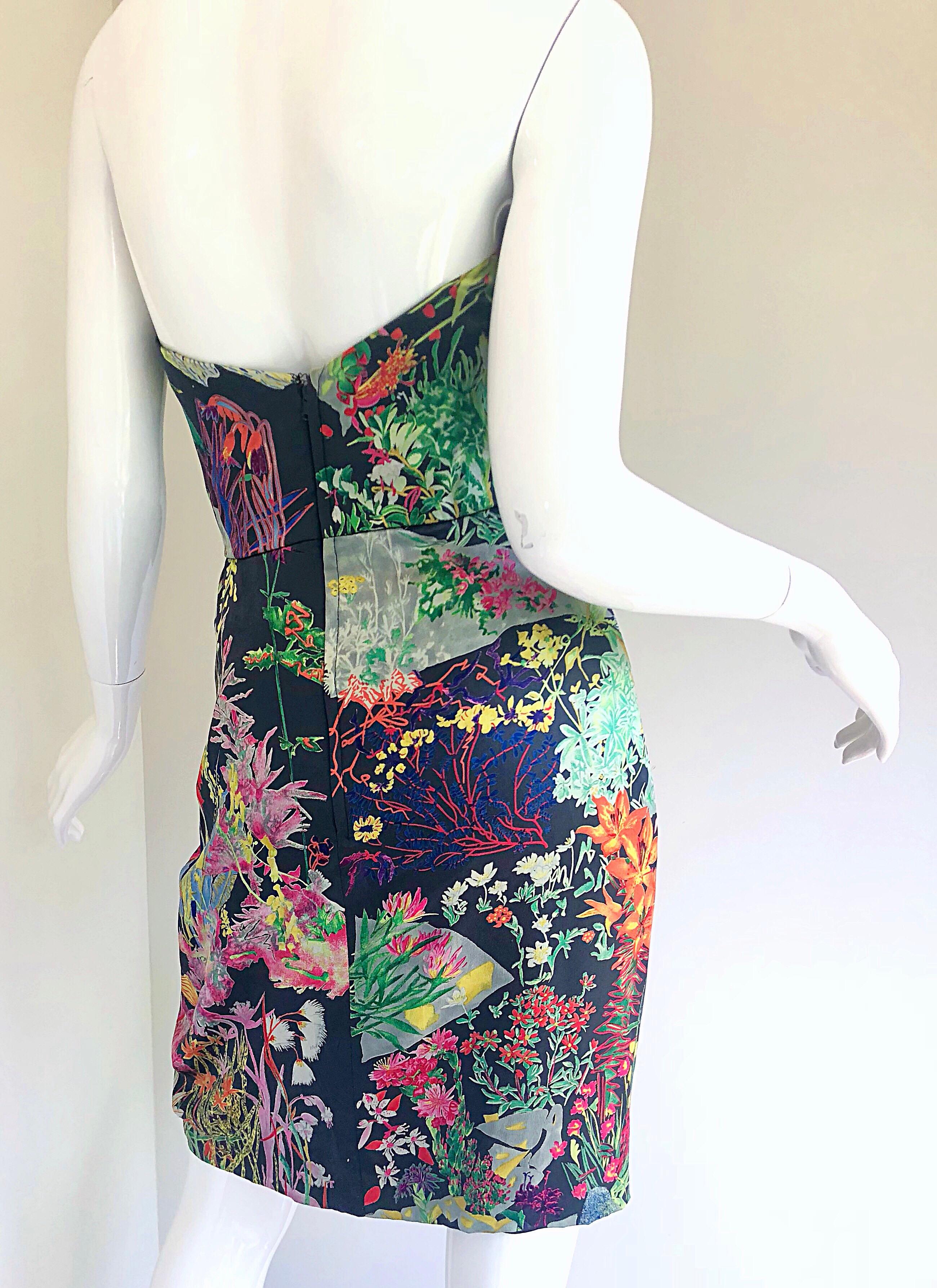 Black Vintage Vicky Tiel Couture Botanical Print 80s Size 6 / 8 Silk Strapless Dress For Sale