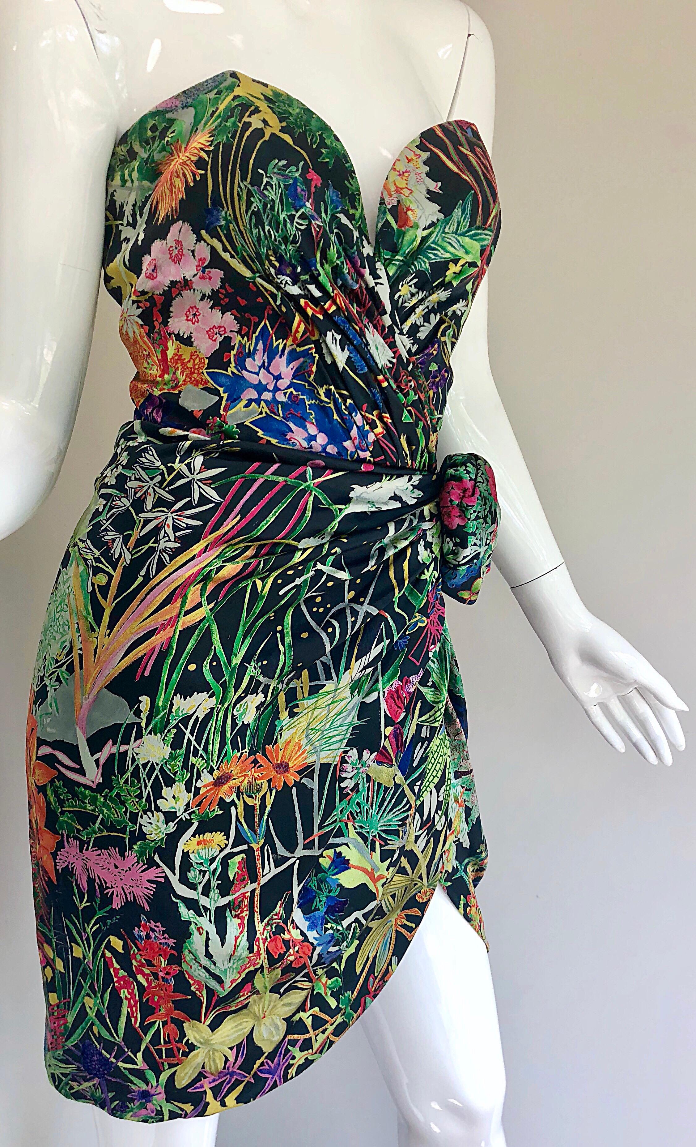 Vintage Vicky Tiel Couture Botanical Print 80s Size 6 / 8 Silk Strapless Dress In Excellent Condition For Sale In San Diego, CA