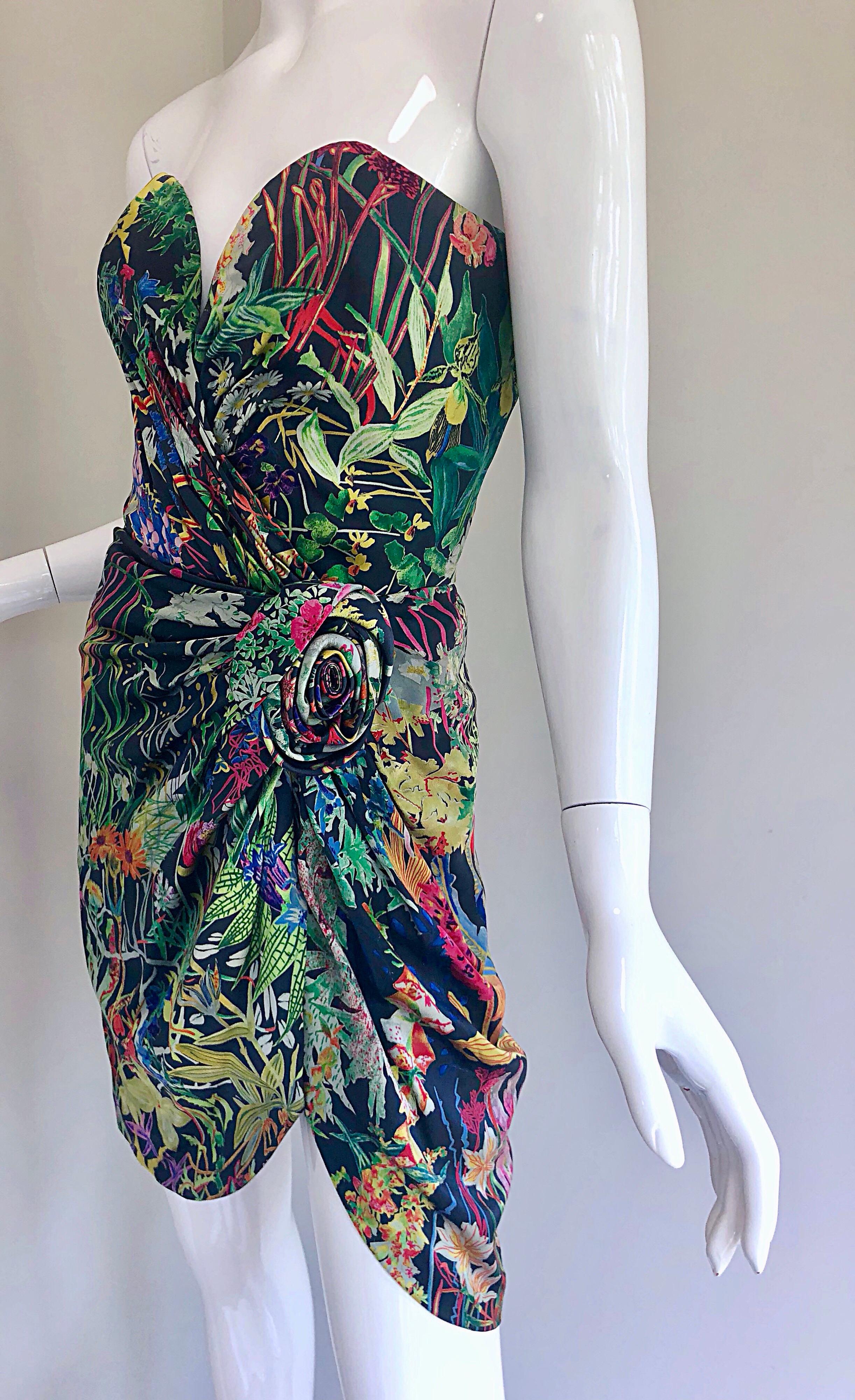 Women's Vintage Vicky Tiel Couture Botanical Print 80s Size 6 / 8 Silk Strapless Dress For Sale