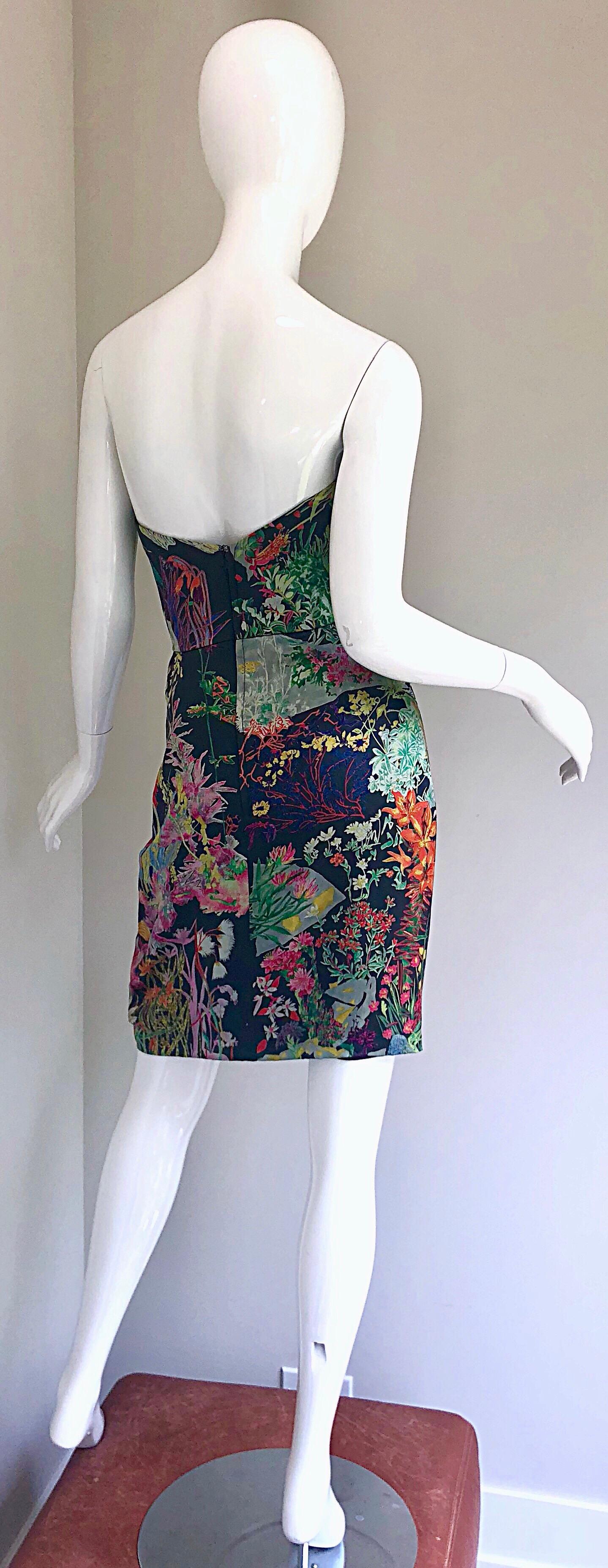 Vintage Vicky Tiel Couture Botanical Print 80s Size 6 / 8 Silk Strapless Dress For Sale 1