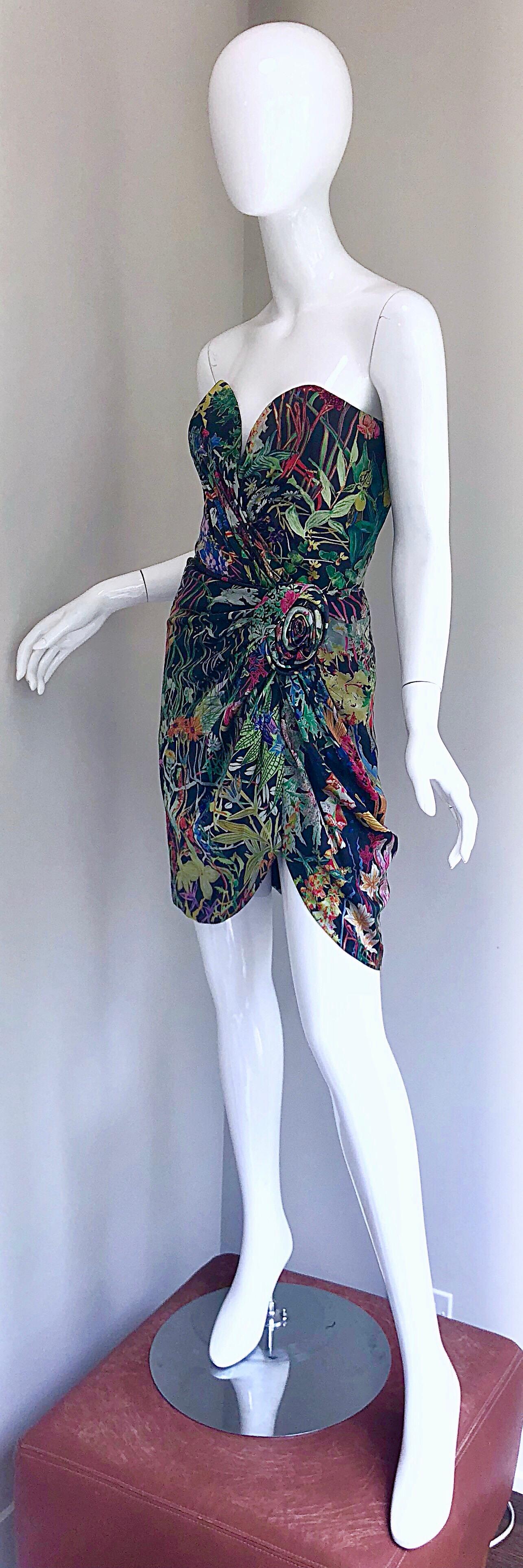 Vintage Vicky Tiel Couture Botanical Print 80s Size 6 / 8 Silk Strapless Dress For Sale 2