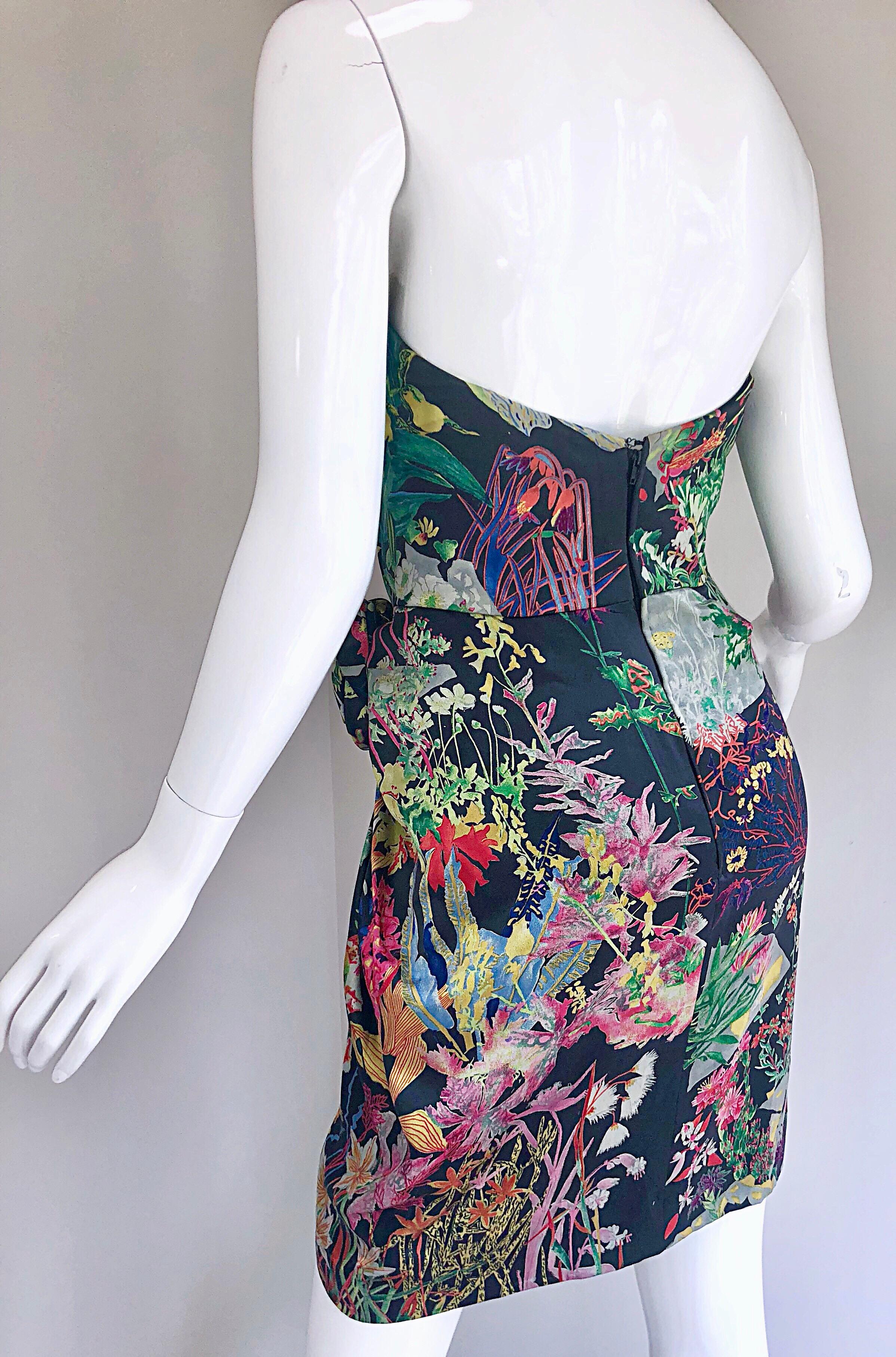Vintage Vicky Tiel Couture Botanical Print 80s Size 6 / 8 Silk Strapless Dress For Sale 3