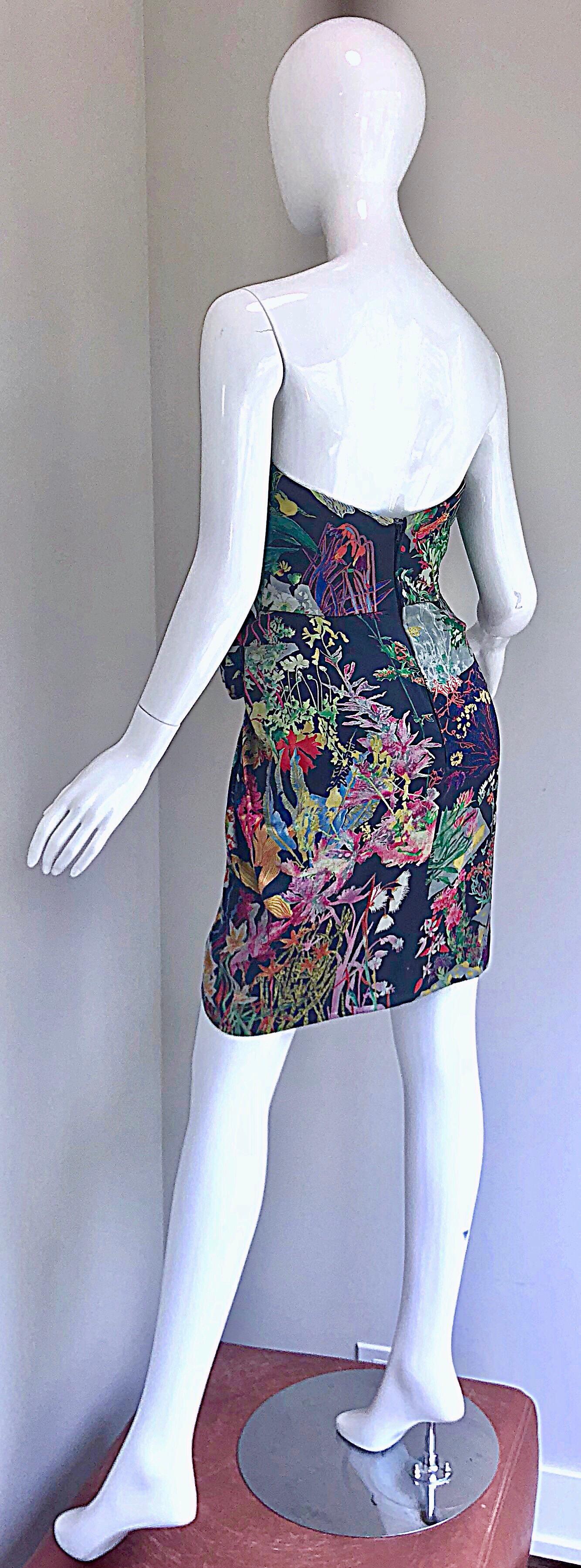 Vintage Vicky Tiel Couture Botanical Print 80s Size 6 / 8 Silk Strapless Dress For Sale 4