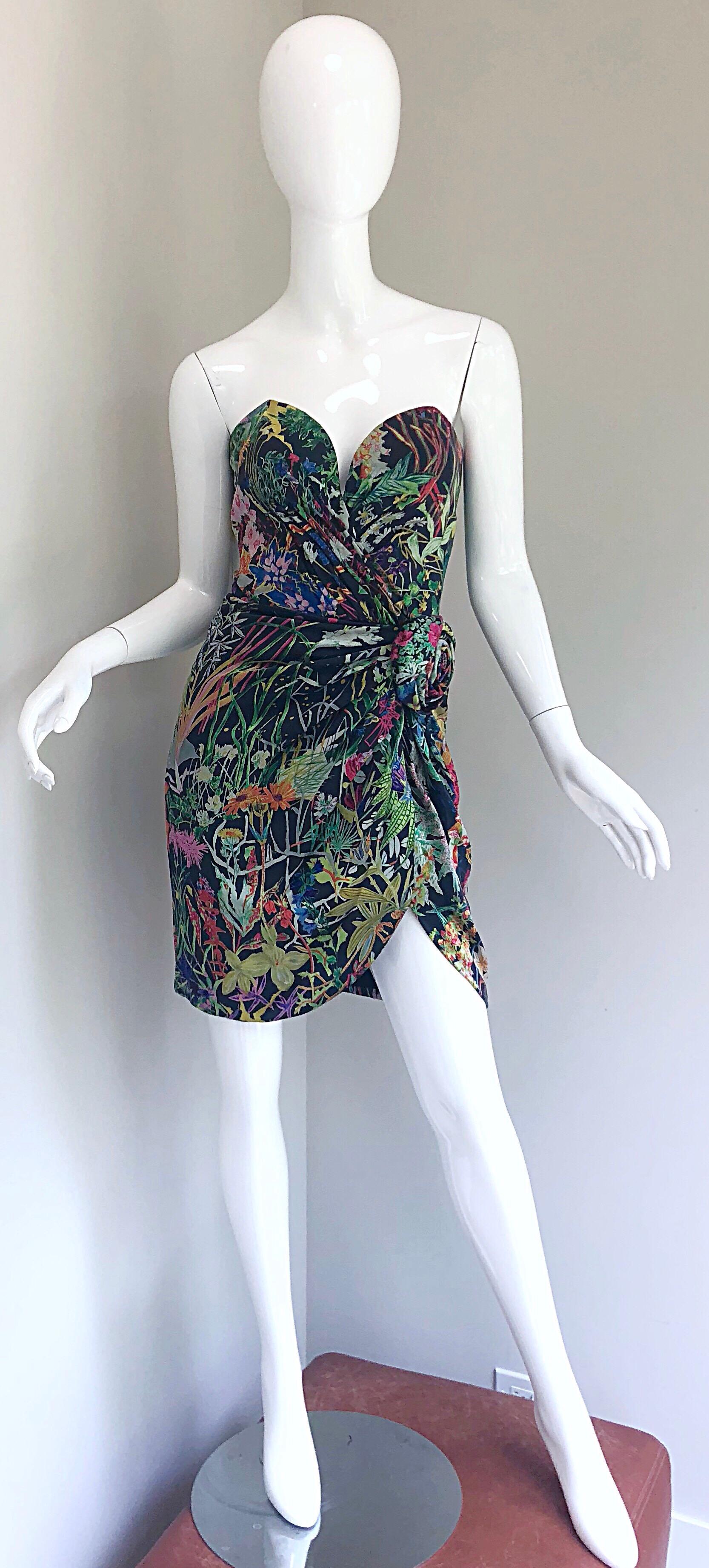 Vintage Vicky Tiel Couture Botanical Print 80s Size 6 / 8 Silk Strapless Dress For Sale 5