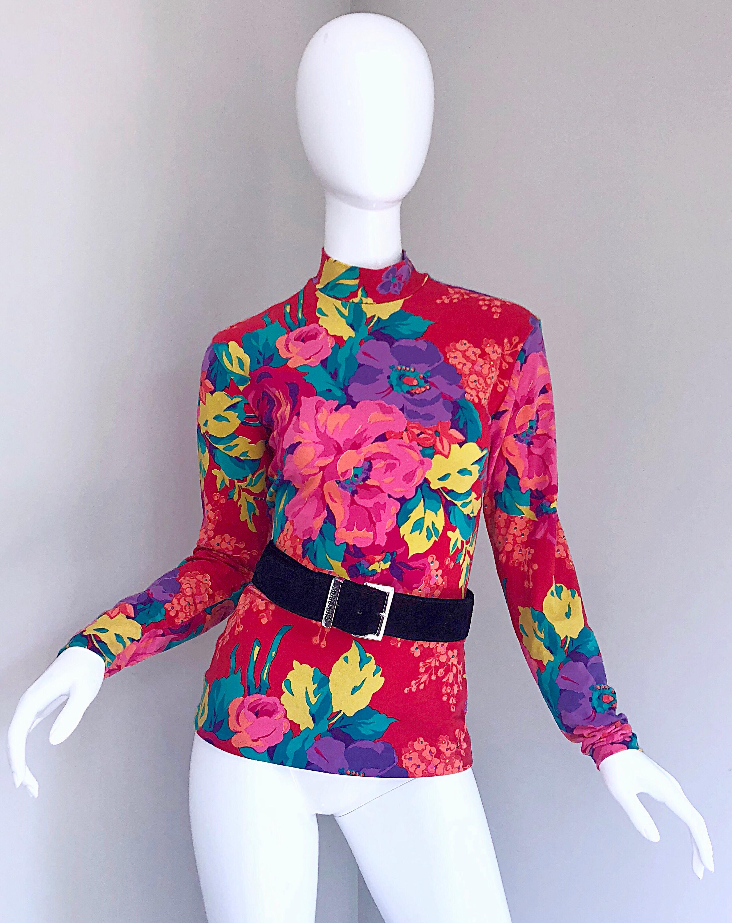 Donna Top anni '80 Betsey Johnson Punk Label con stampa floreale a manica lunga Vintage 80s in vendita