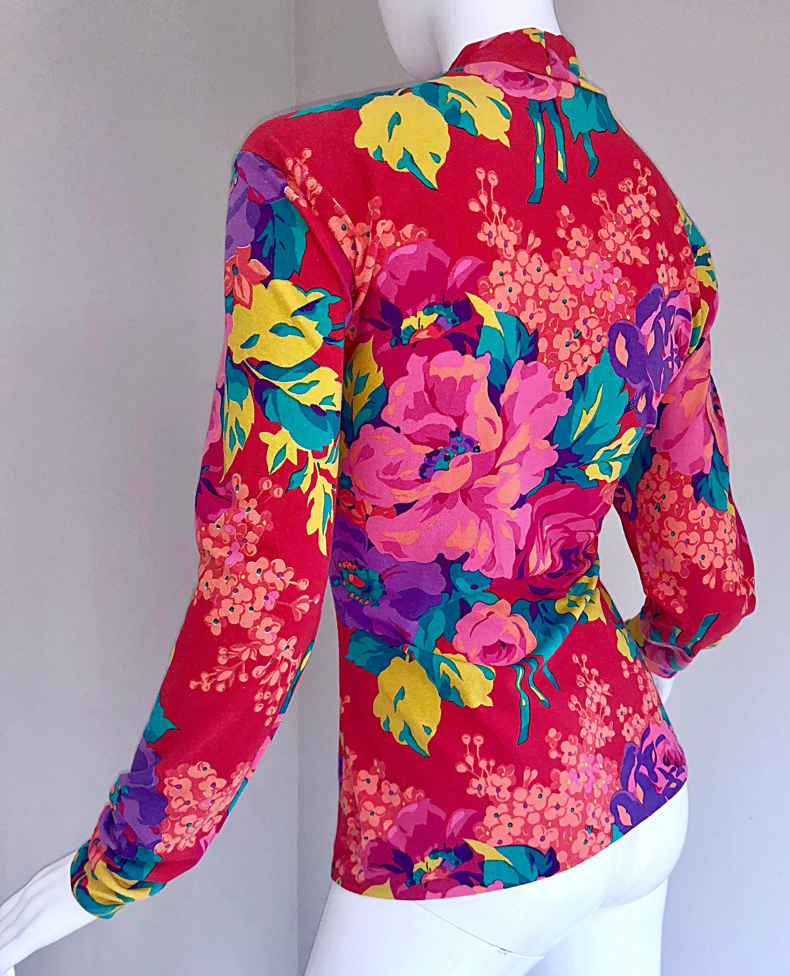 Red 1980s Betsey Johnson Punk Label Flower Print Long Sleeve Vintage 80s Top  For Sale