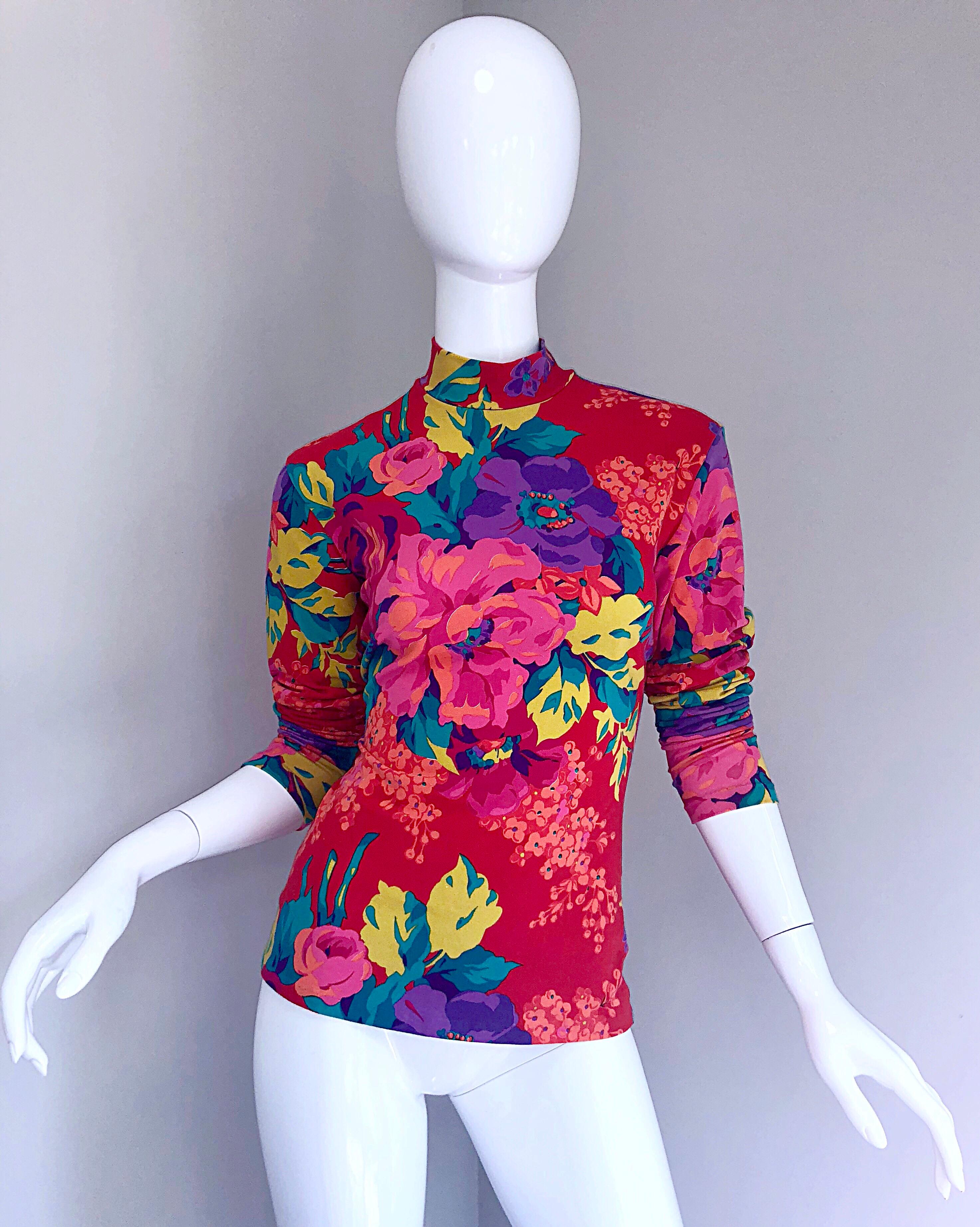 1980s Betsey Johnson Punk Label Flower Print Long Sleeve Vintage 80s Top  In Excellent Condition For Sale In San Diego, CA