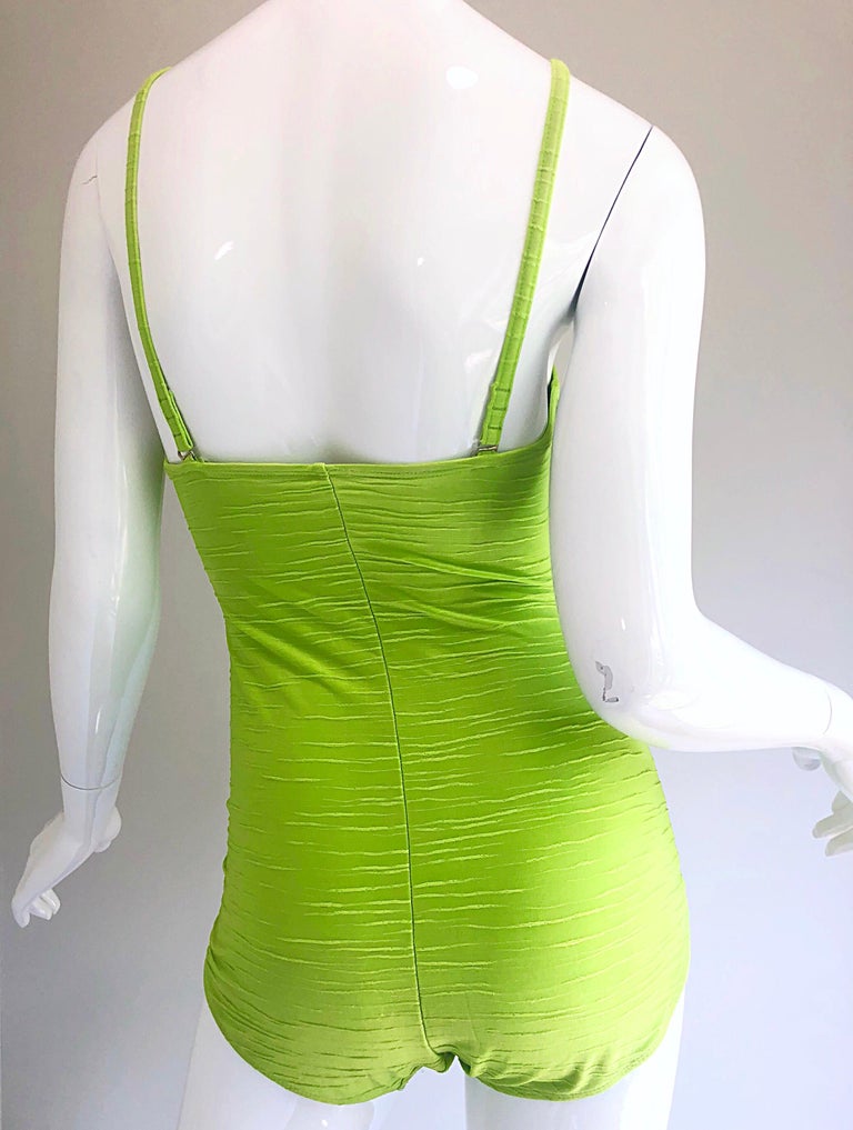 Size 14 Oscar de la Renta Neon Lime Green One Piece 60s Style Swimsuit ...