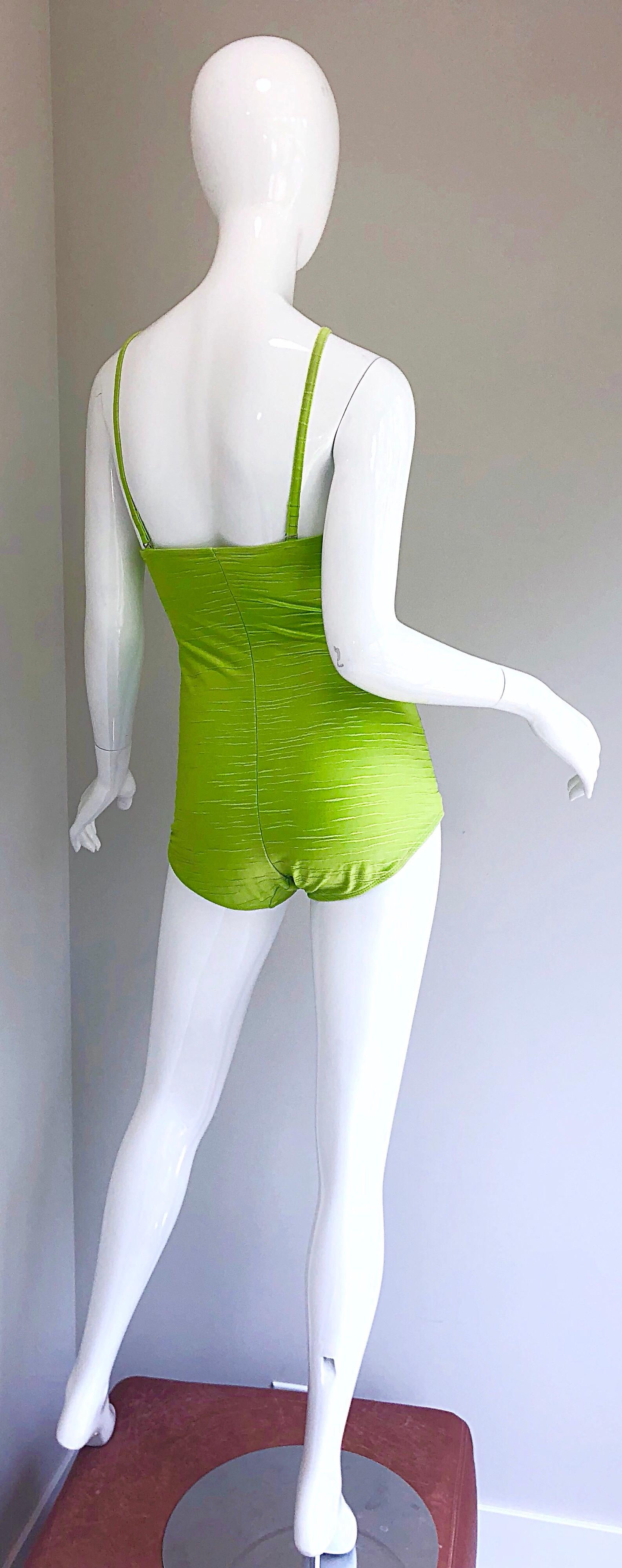 Women's Size 14 Oscar de la Renta Neon Lime Green One Piece 60s Style Swimsuit Bodysuit For Sale
