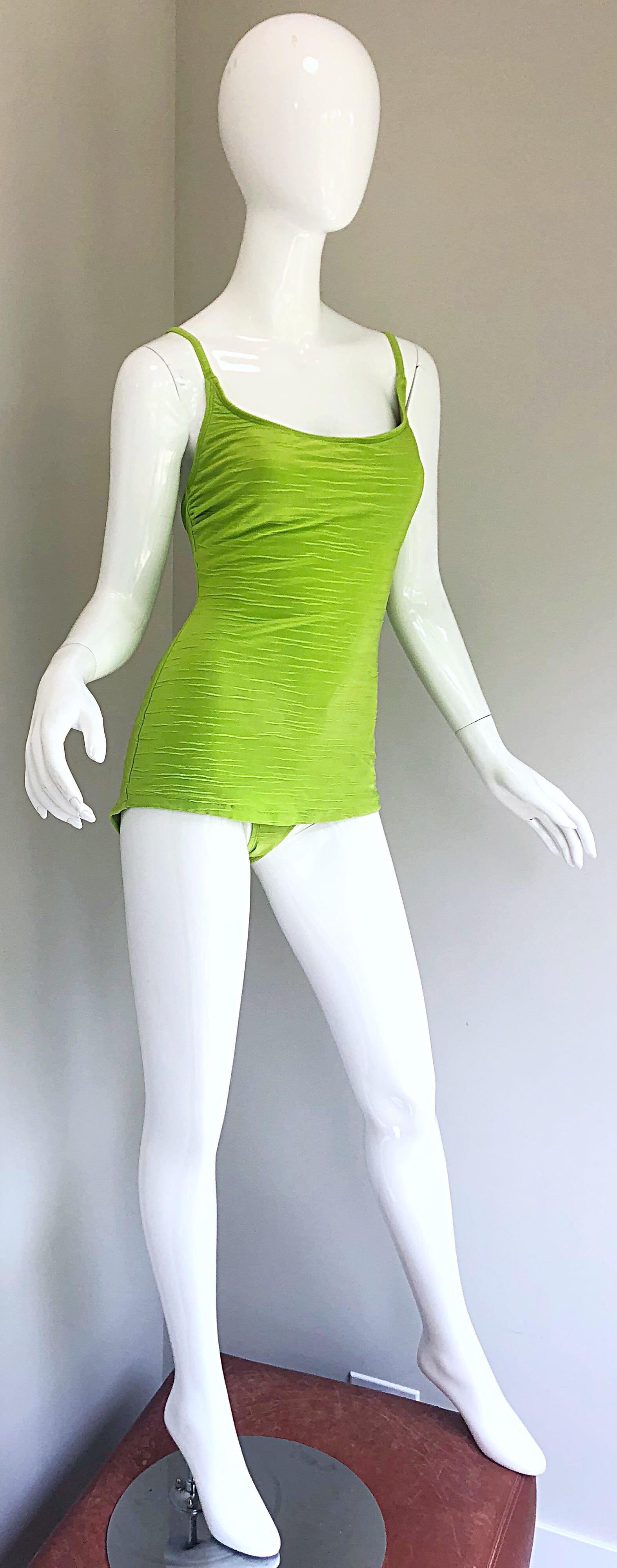 Size 14 Oscar de la Renta Neon Lime Green One Piece 60s Style Swimsuit Bodysuit For Sale 3
