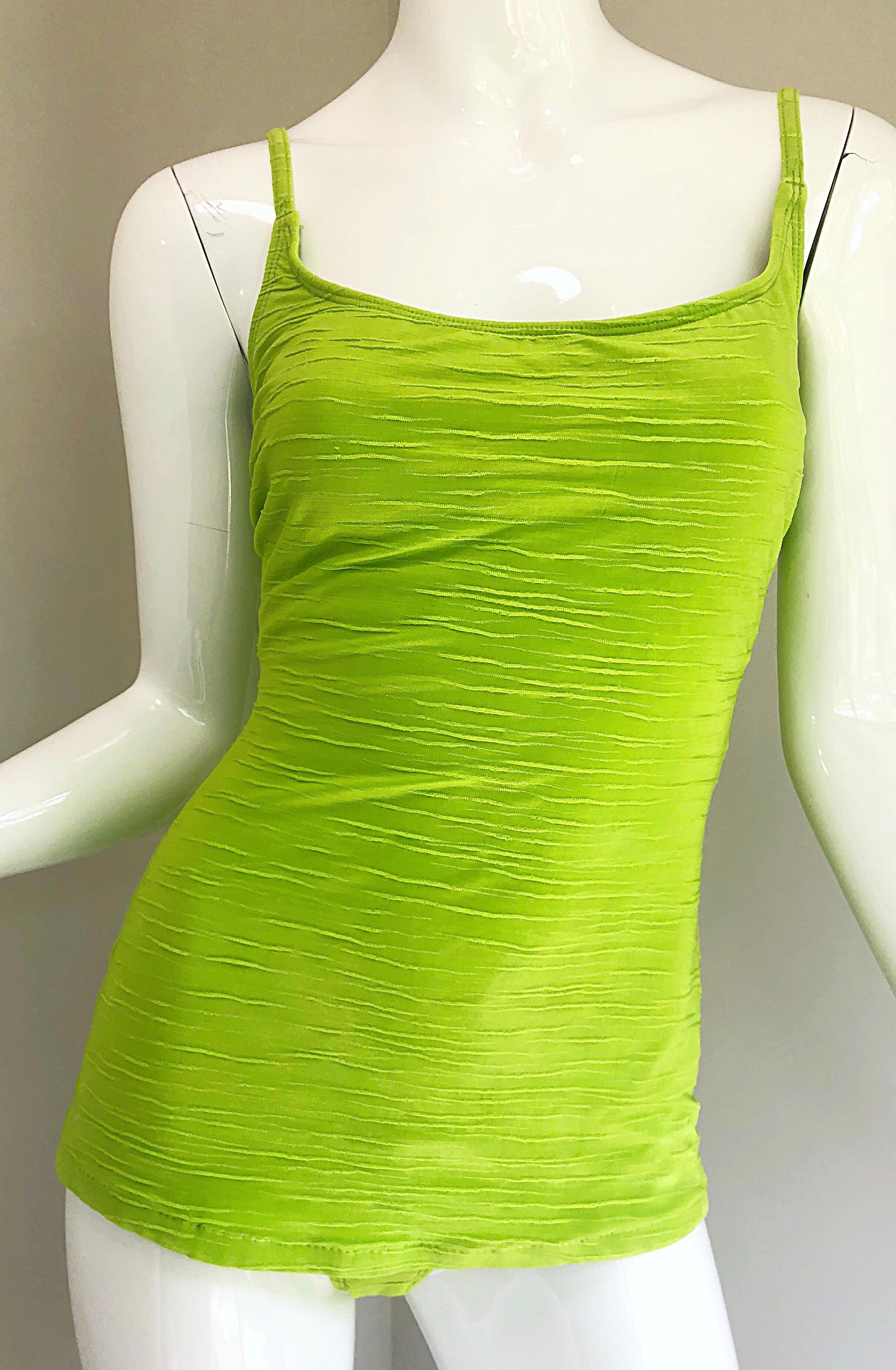 Size 14 Oscar de la Renta Neon Lime Green One Piece 60s Style Swimsuit Bodysuit For Sale 4