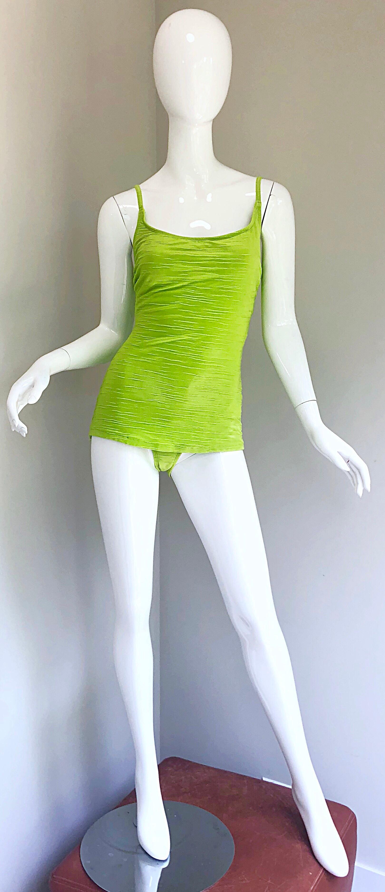 Size 14 Oscar de la Renta Neon Lime Green One Piece 60s Style Swimsuit Bodysuit For Sale 5