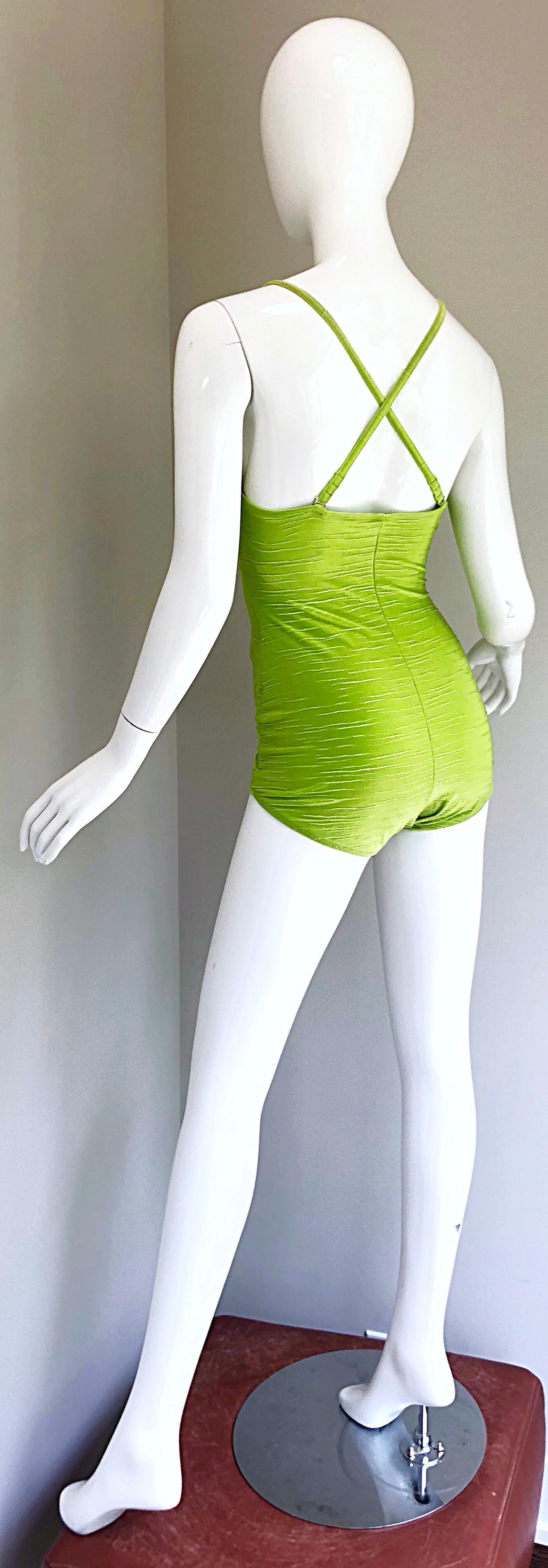 Size 14 Oscar de la Renta Neon Lime Green One Piece 60s Style Swimsuit Bodysuit For Sale 6