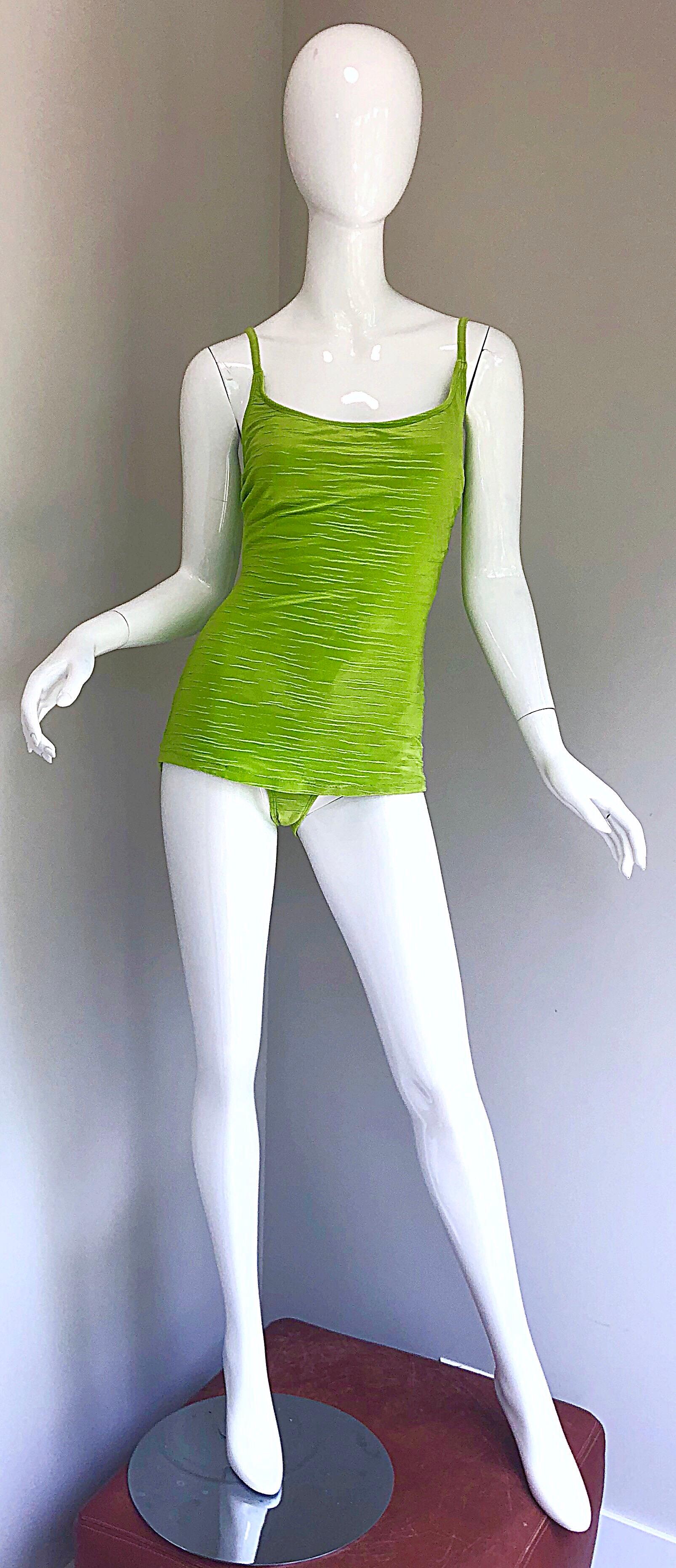 Size 14 Oscar de la Renta Neon Lime Green One Piece 60s Style Swimsuit Bodysuit For Sale 7