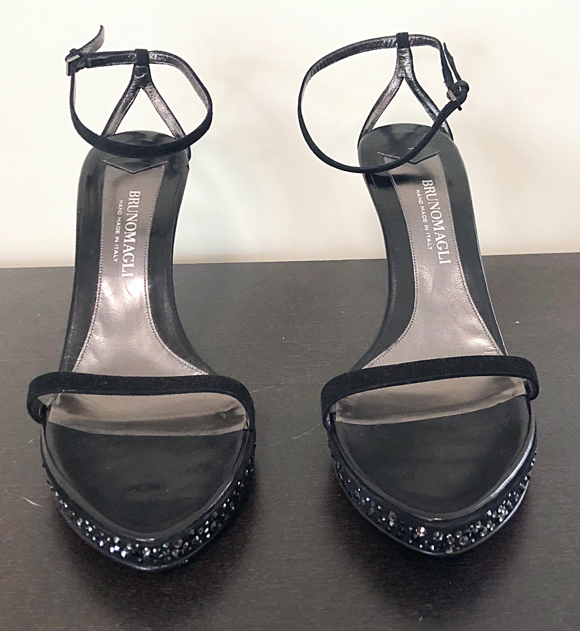 Mai indossato 1990 Bruno Magli Taglia 12 / 42 Nero Strass Strappy Tacchi Alti In condizioni Nuovo in vendita a San Diego, CA