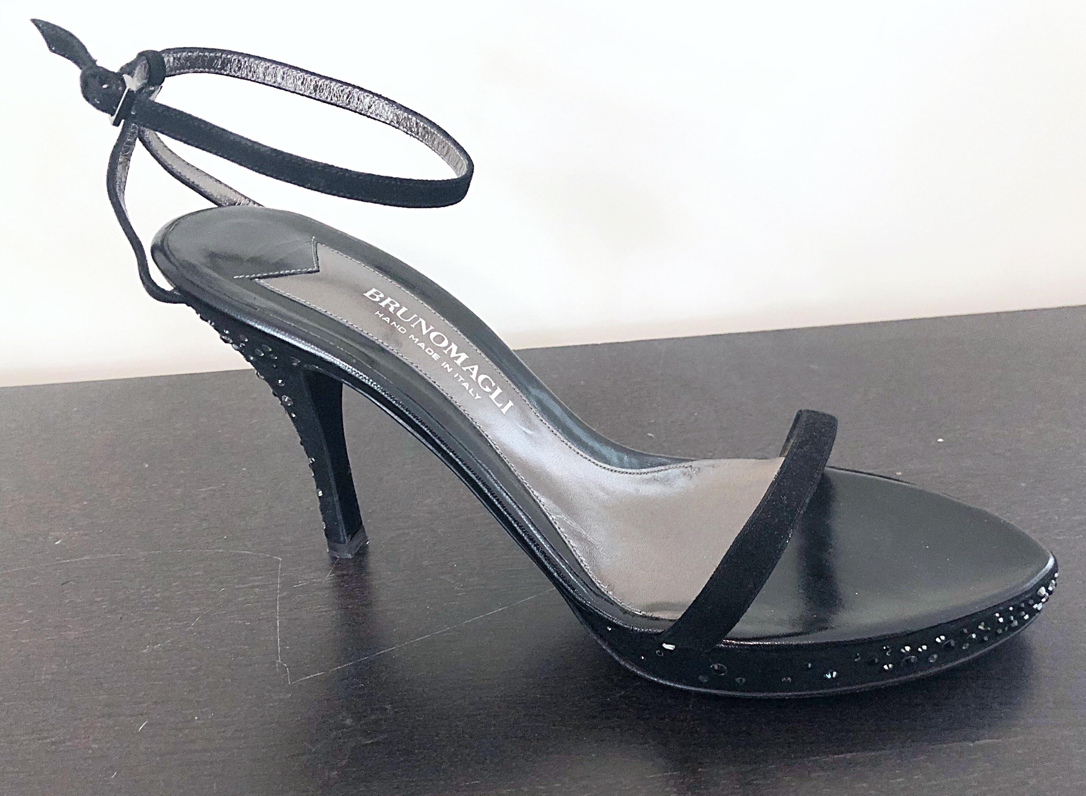 Rare vintage 90s never worn BRUNO MAGLI Size 42 / US 12 black silk rhinestone encrusted high heels! Super hard to find Size 42 (US 12) ! Features shiny silver and black rhinestones allover the high heel, and outter soles of the heel and sides.