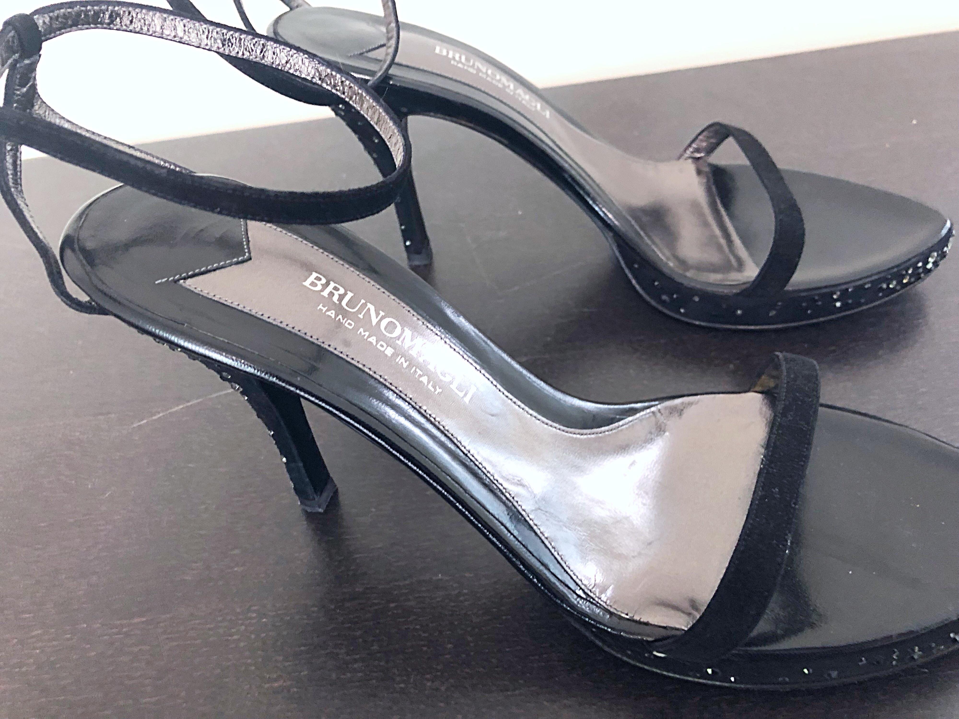 Never Worn 1990s Bruno Magli Size 12 / 42 Black Rhinestone Strappy High Heels In New Condition For Sale In San Diego, CA