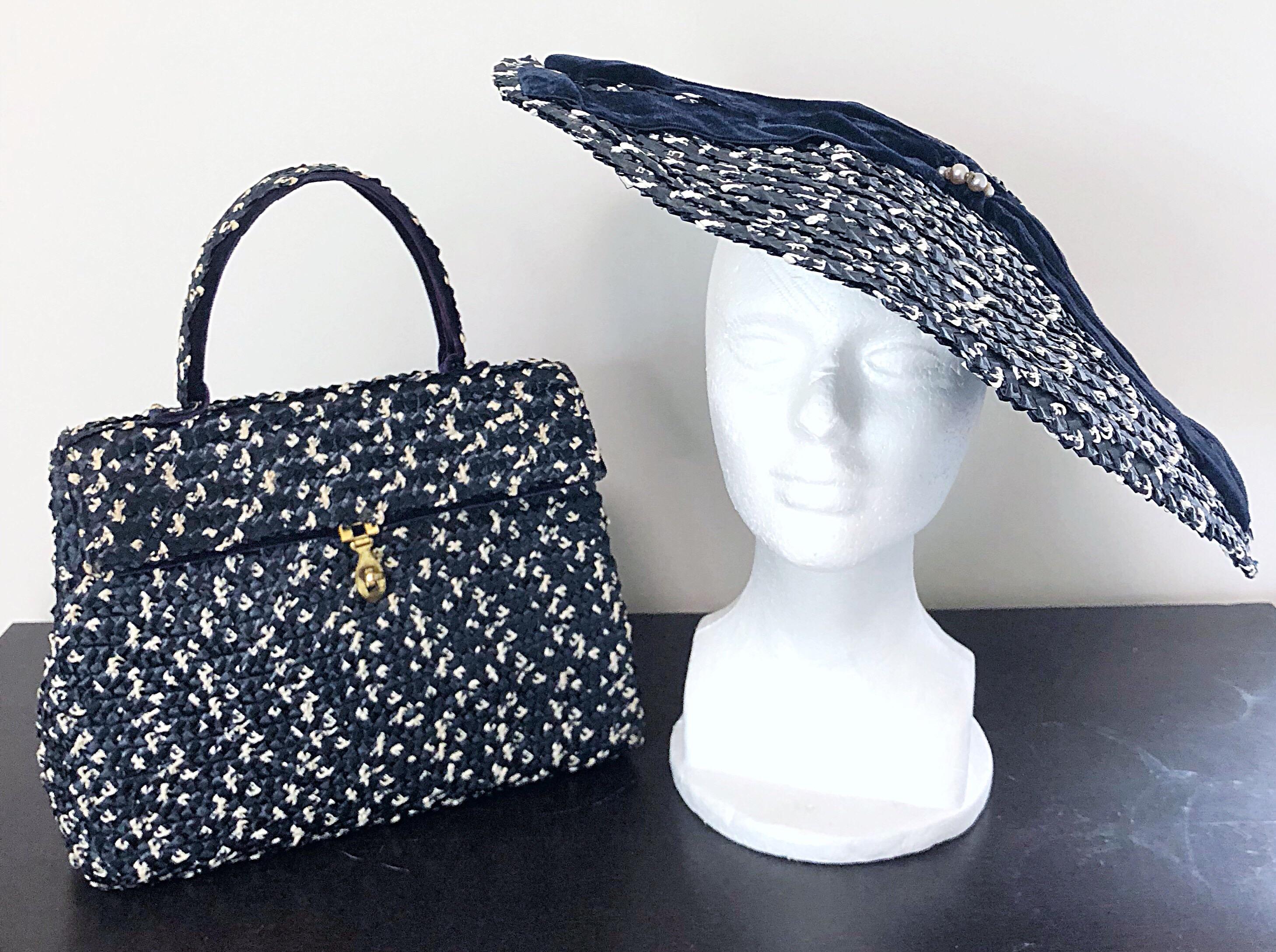 Women's 1950s Black and White Pearl Encrusted Vintage 50s Saucer Hat and Purse Bag For Sale