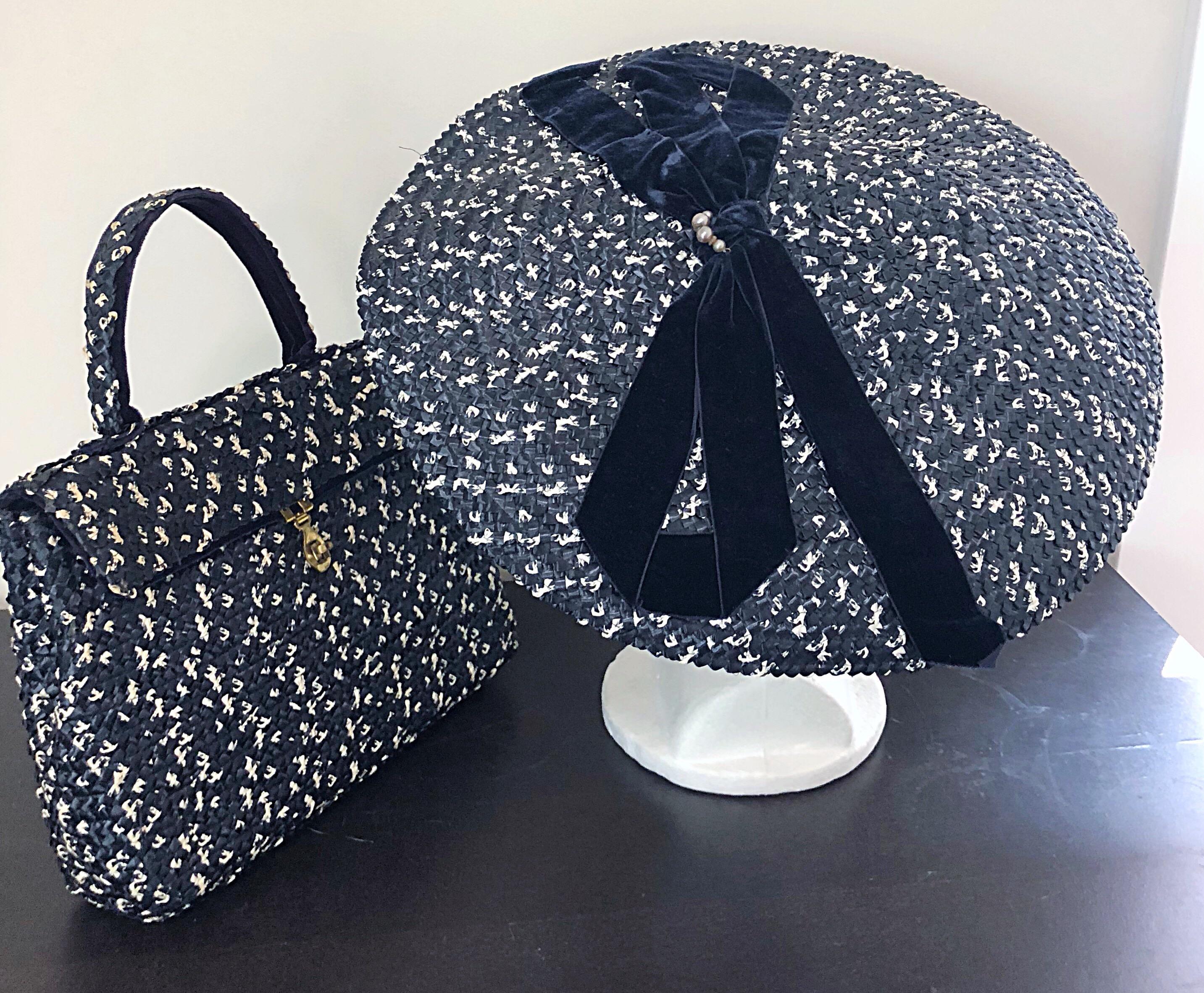 1950s Black and White Pearl Encrusted Vintage 50s Saucer Hat and Purse Bag For Sale 3