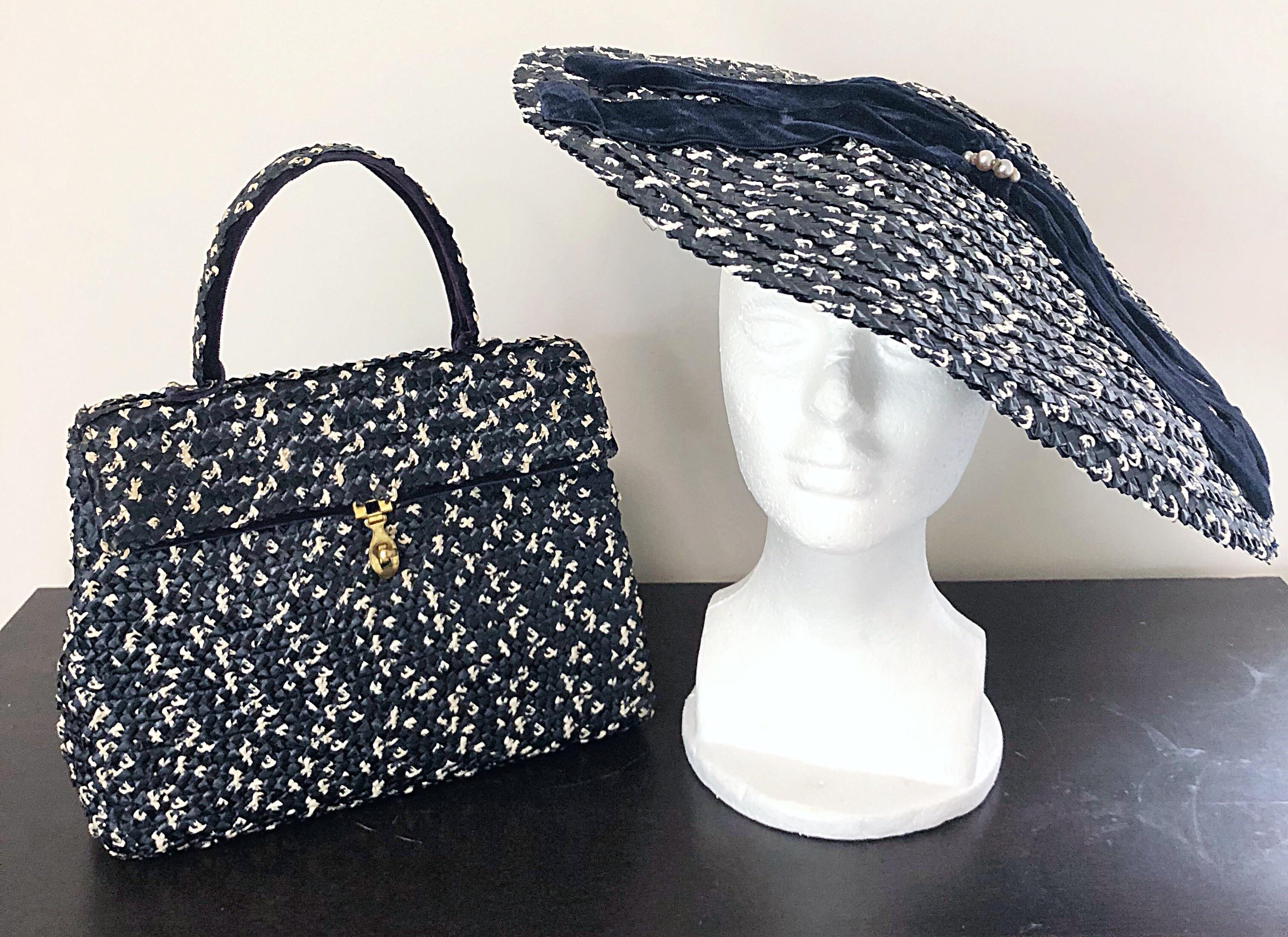 1950s Black and White Pearl Encrusted Vintage 50s Saucer Hat and Purse Bag For Sale 8