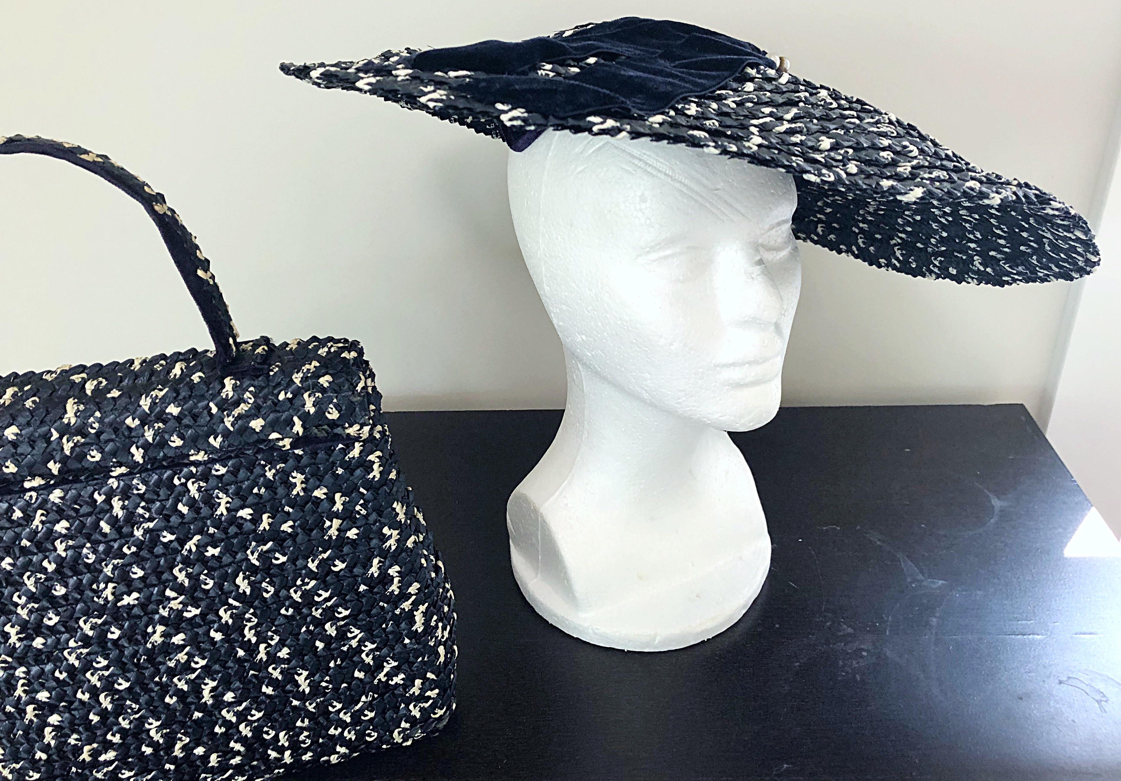 1950s Black and White Pearl Encrusted Vintage 50s Saucer Hat and Purse Bag For Sale 9