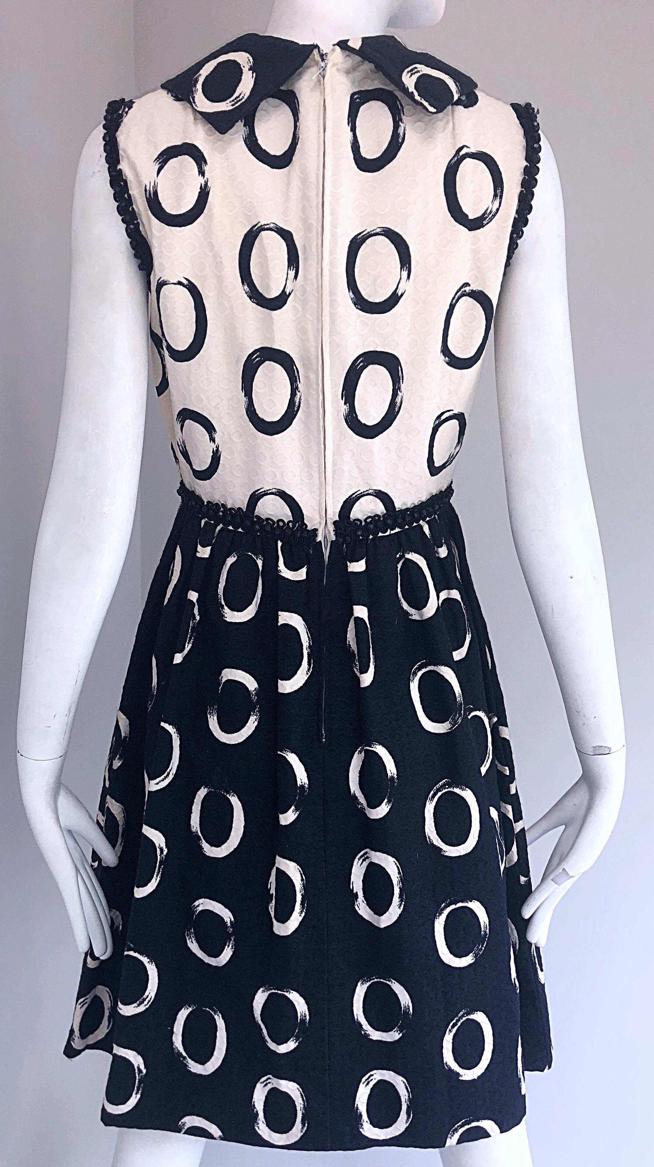 Women's Oscar de la Renta 1960s Black and White Pique Cotton Beaded 60s A - Line Dress