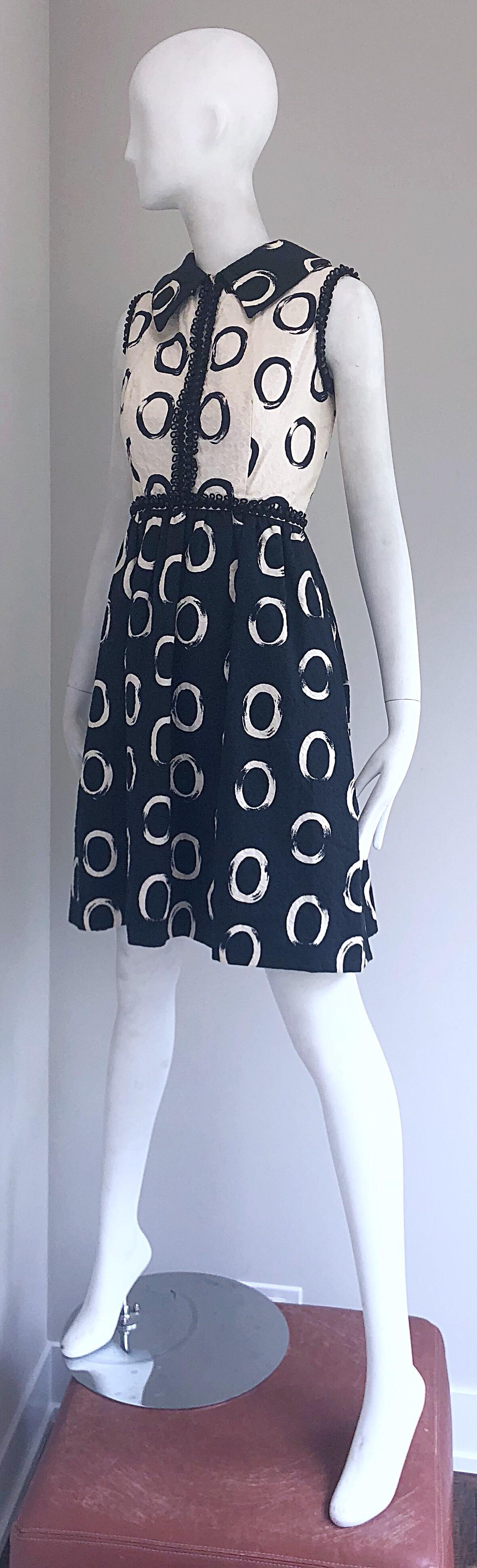Oscar de la Renta 1960s Black and White Pique Cotton Beaded 60s A - Line Dress 2