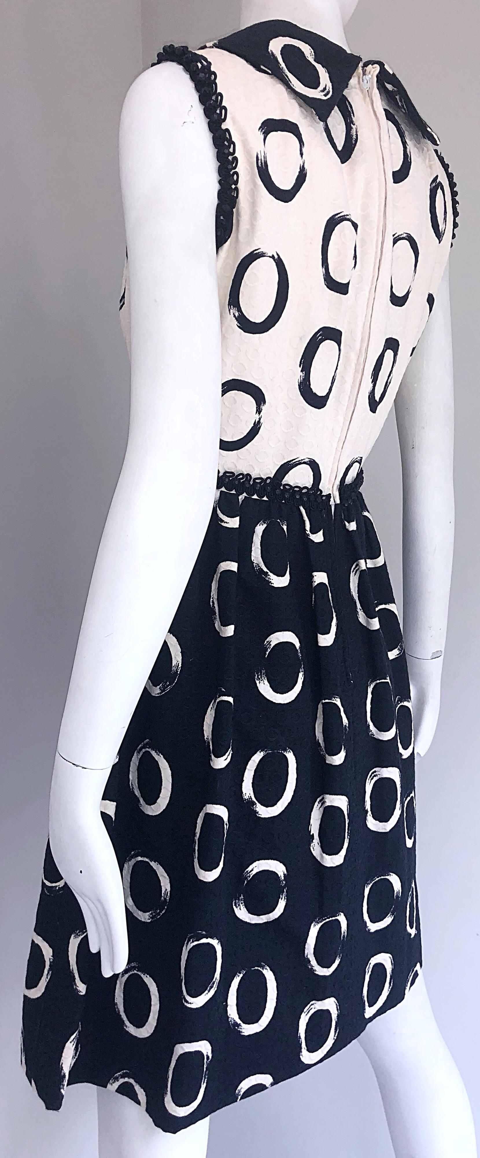 Oscar de la Renta 1960s Black and White Pique Cotton Beaded 60s A - Line Dress 4