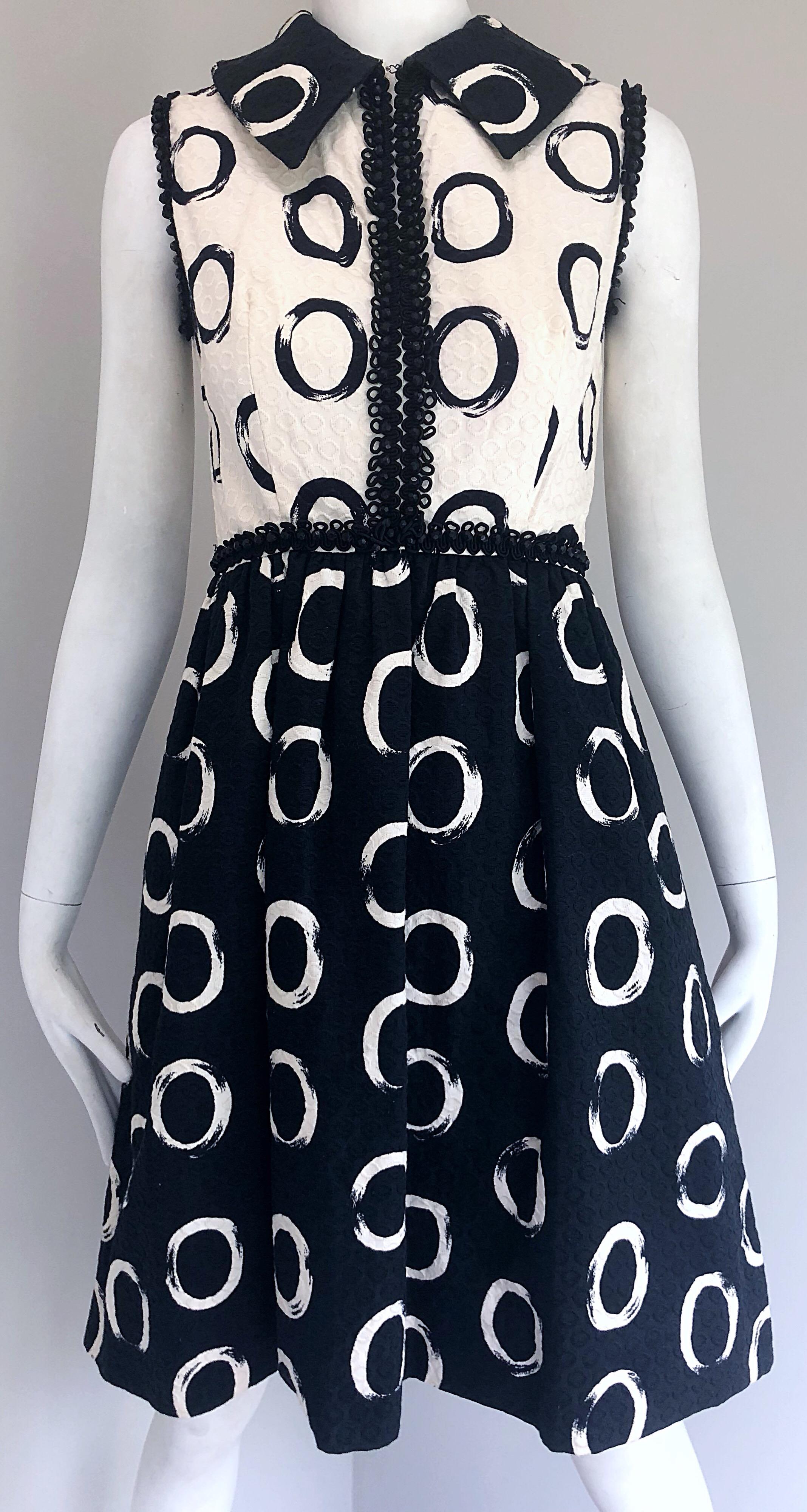 Oscar de la Renta 1960s Black and White Pique Cotton Beaded 60s A - Line Dress 5