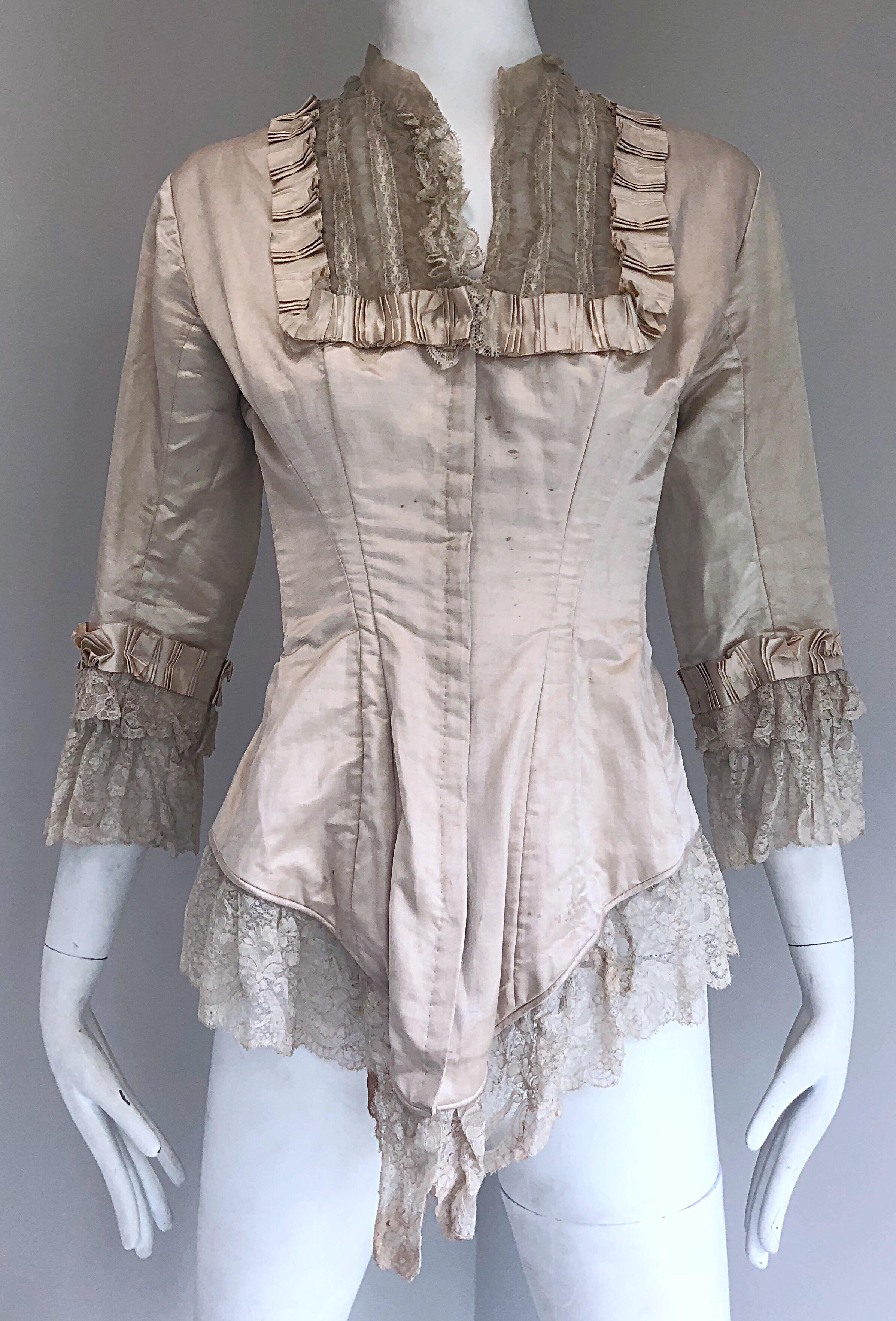 Women's 1880s Incredible Authentic Victorian Ivory Silk Lace Corset 1800s Couture Blouse For Sale