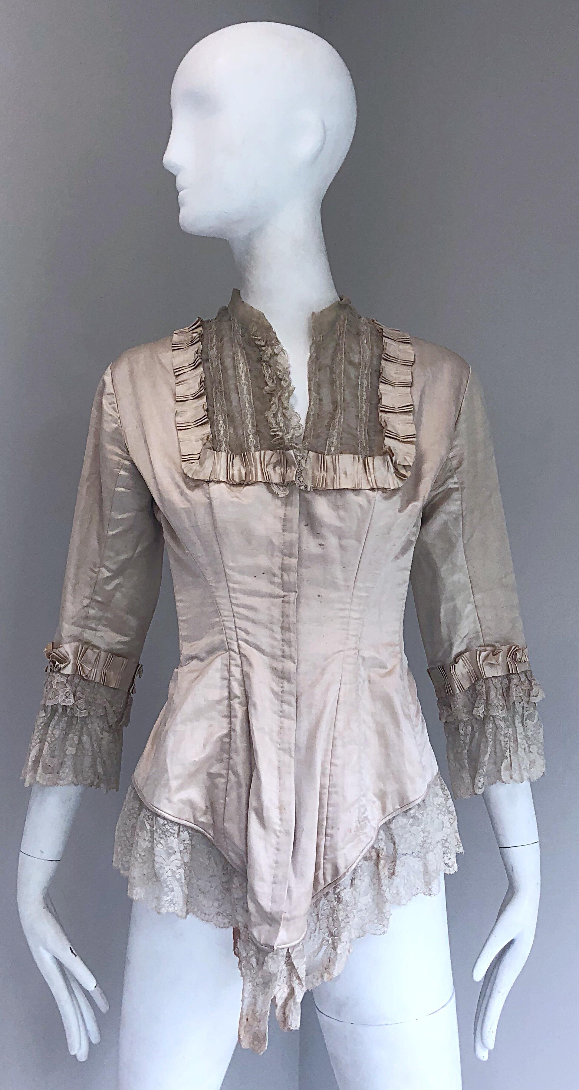 1880s Incredible Authentic Victorian Ivory Silk Lace Corset 1800s Couture Blouse For Sale 5