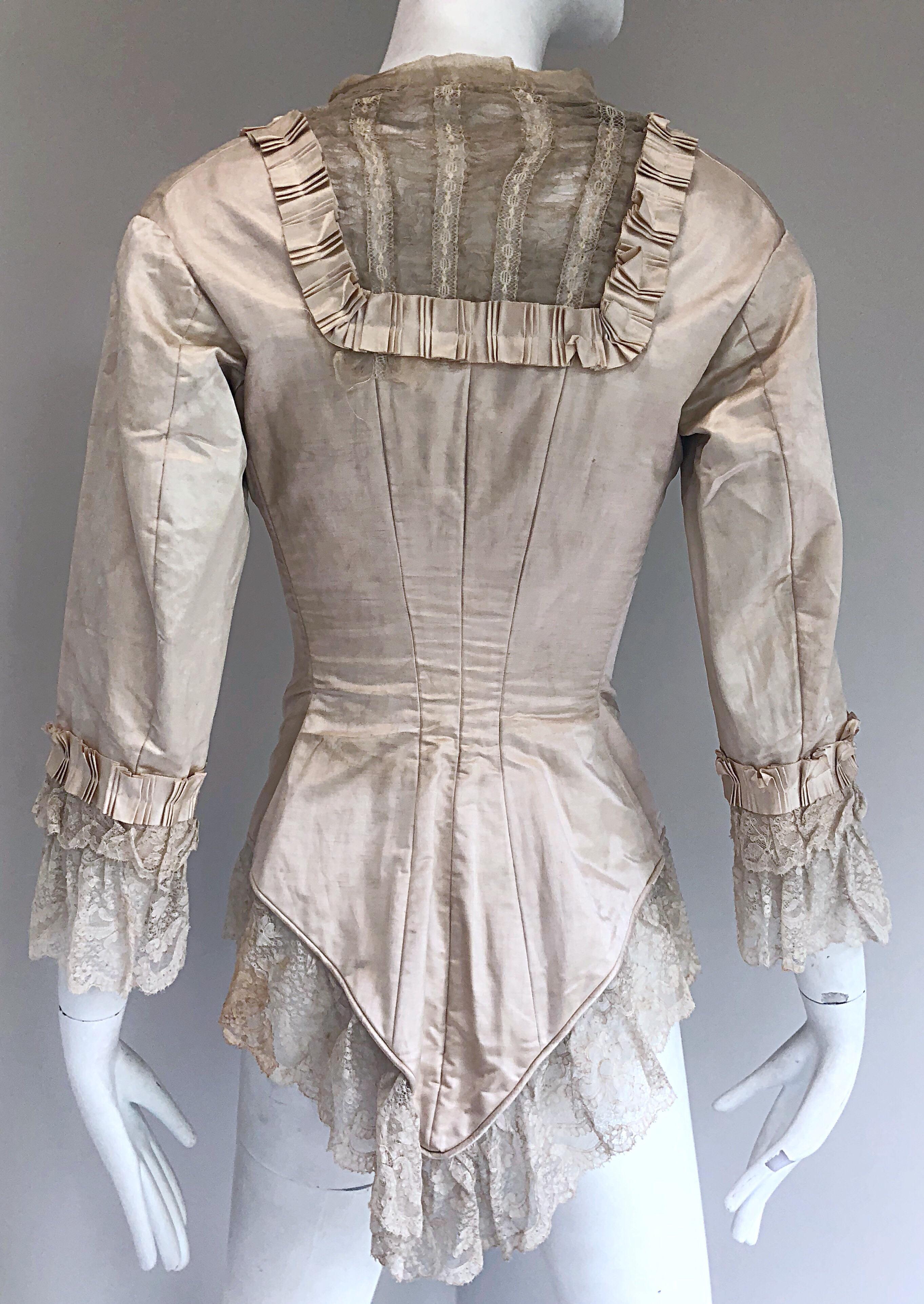 1880s Incredible Authentic Victorian Ivory Silk Lace Corset 1800s Couture Blouse For Sale 6