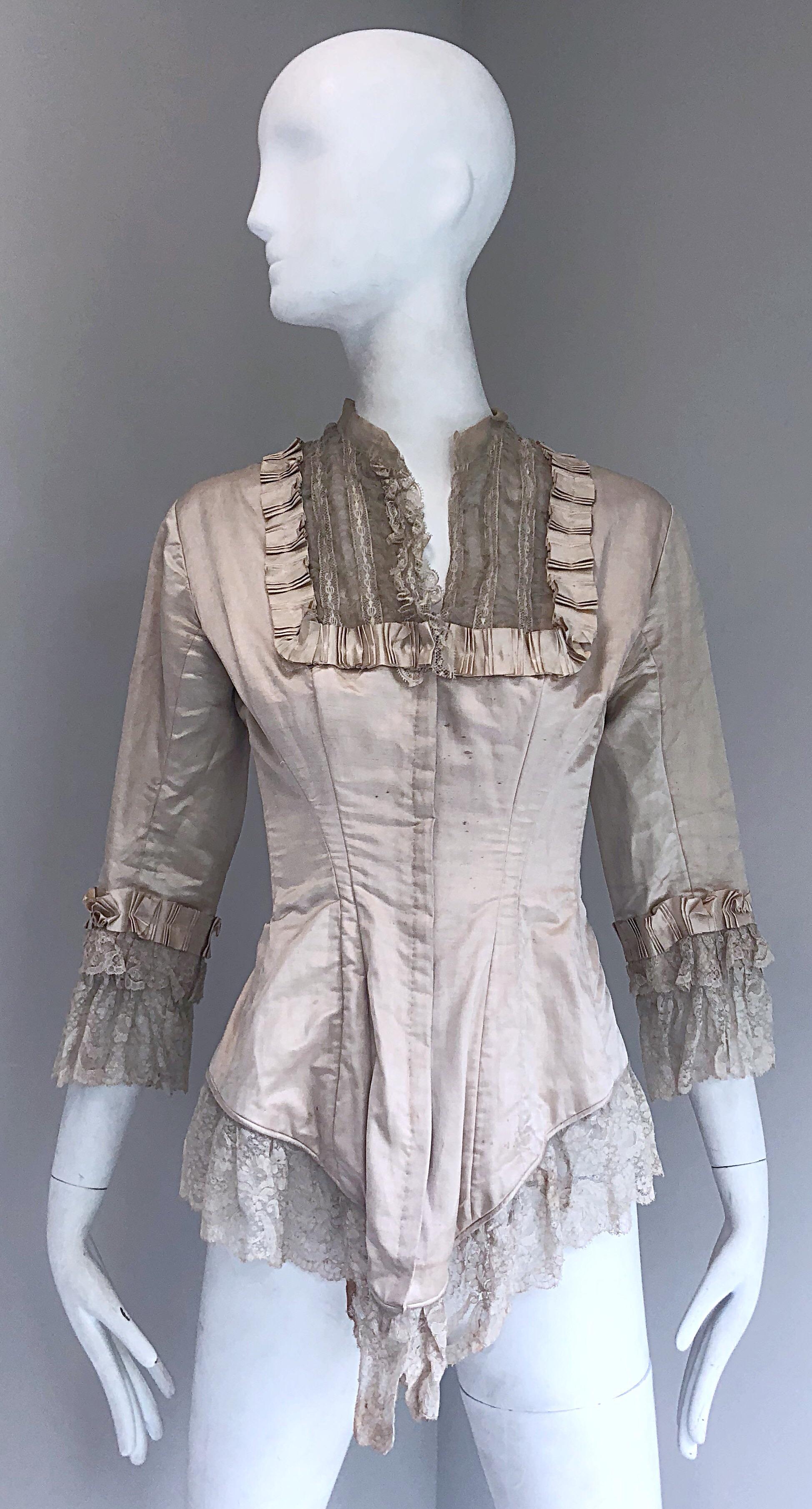 1880s Incredible Authentic Victorian Ivory Silk Lace Corset 1800s Couture Blouse For Sale 9