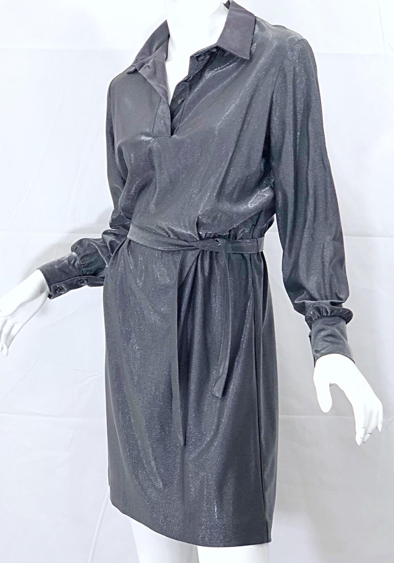 1970s Gunmetal Metallic Silver Gray Belted Vintage 70s Long Sleeve