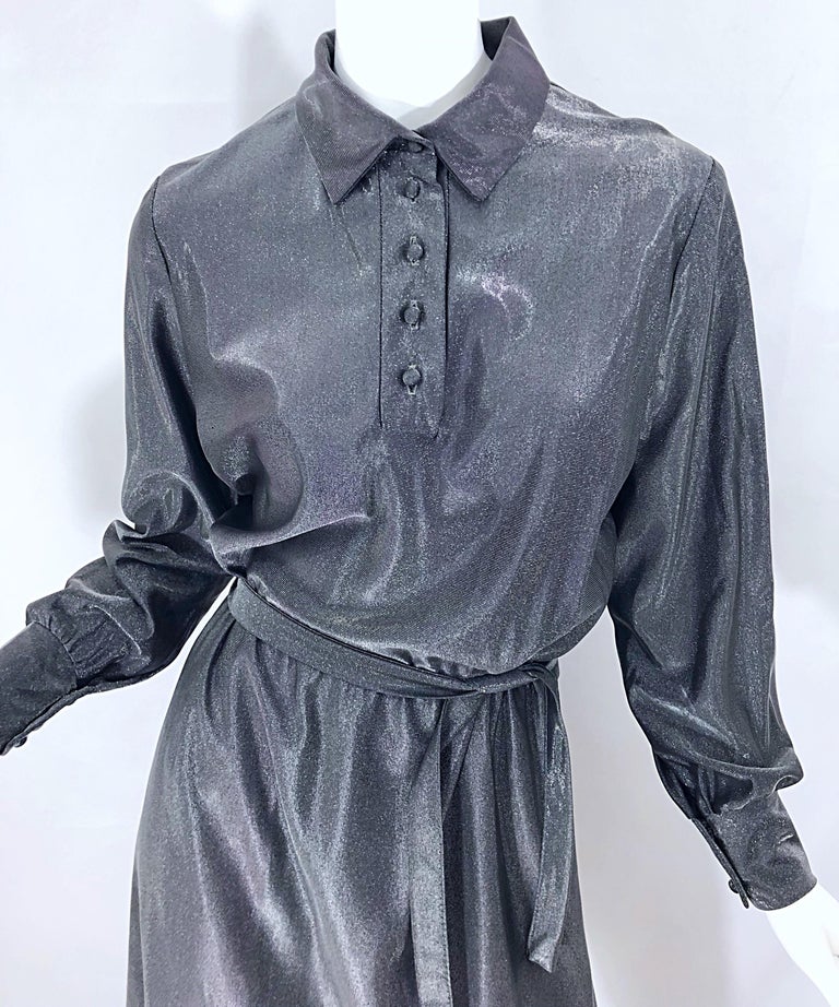 1970s Gunmetal Metallic Silver Gray Belted Vintage 70s Long Sleeve Shirt Dress