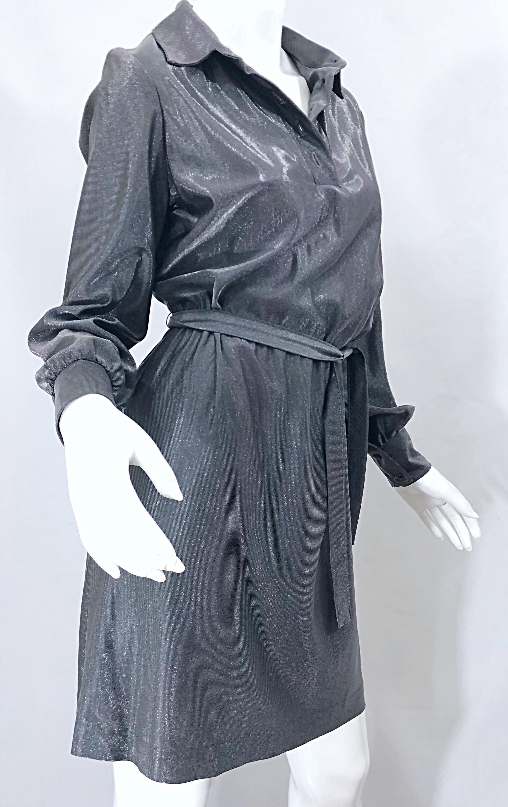 1970s Gunmetal Metallic Silver Gray Belted Vintage 70s Long Sleeve Shirt Dress In Excellent Condition For Sale In San Diego, CA