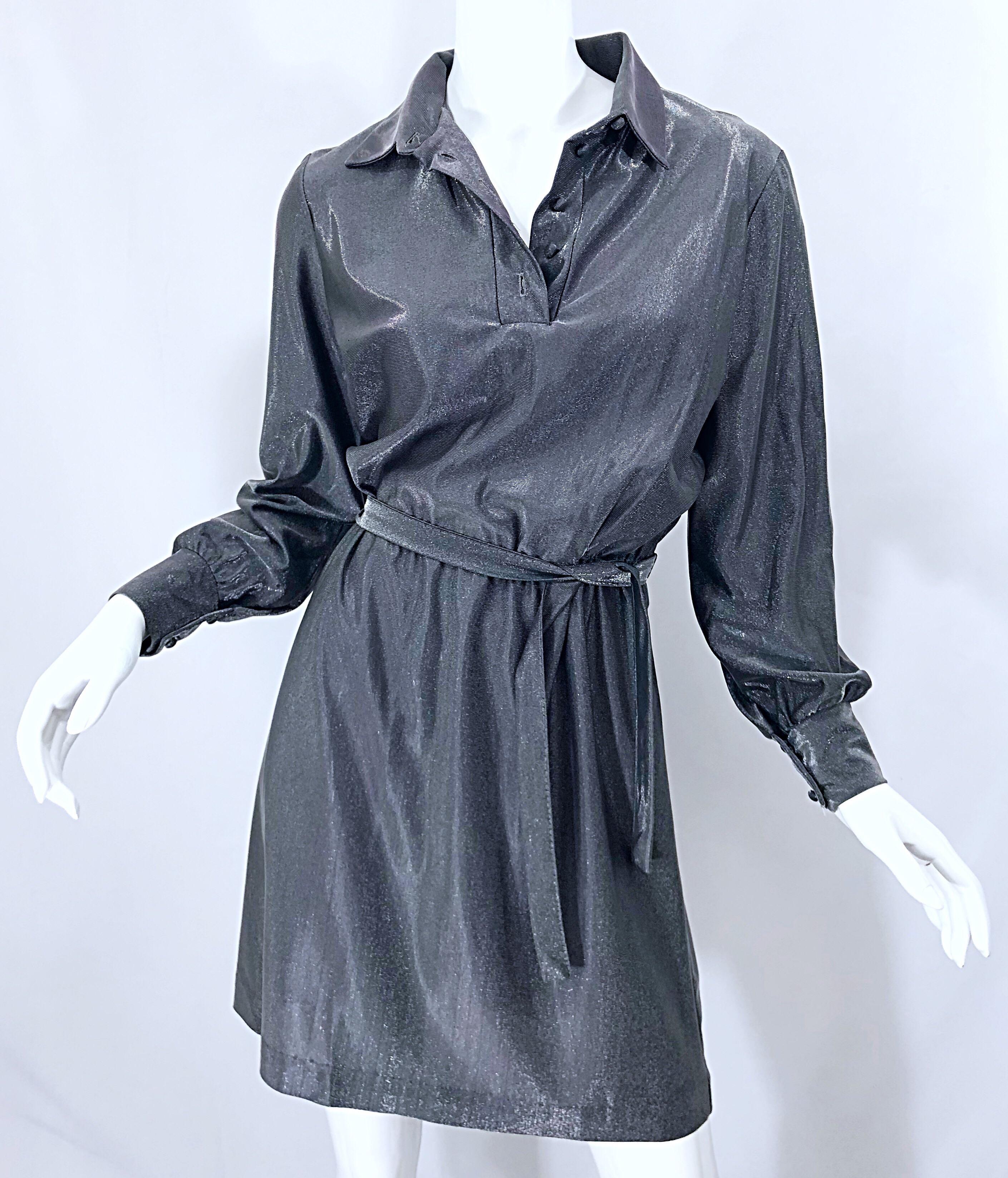 Women's 1970s Gunmetal Metallic Silver Gray Belted Vintage 70s Long Sleeve Shirt Dress For Sale