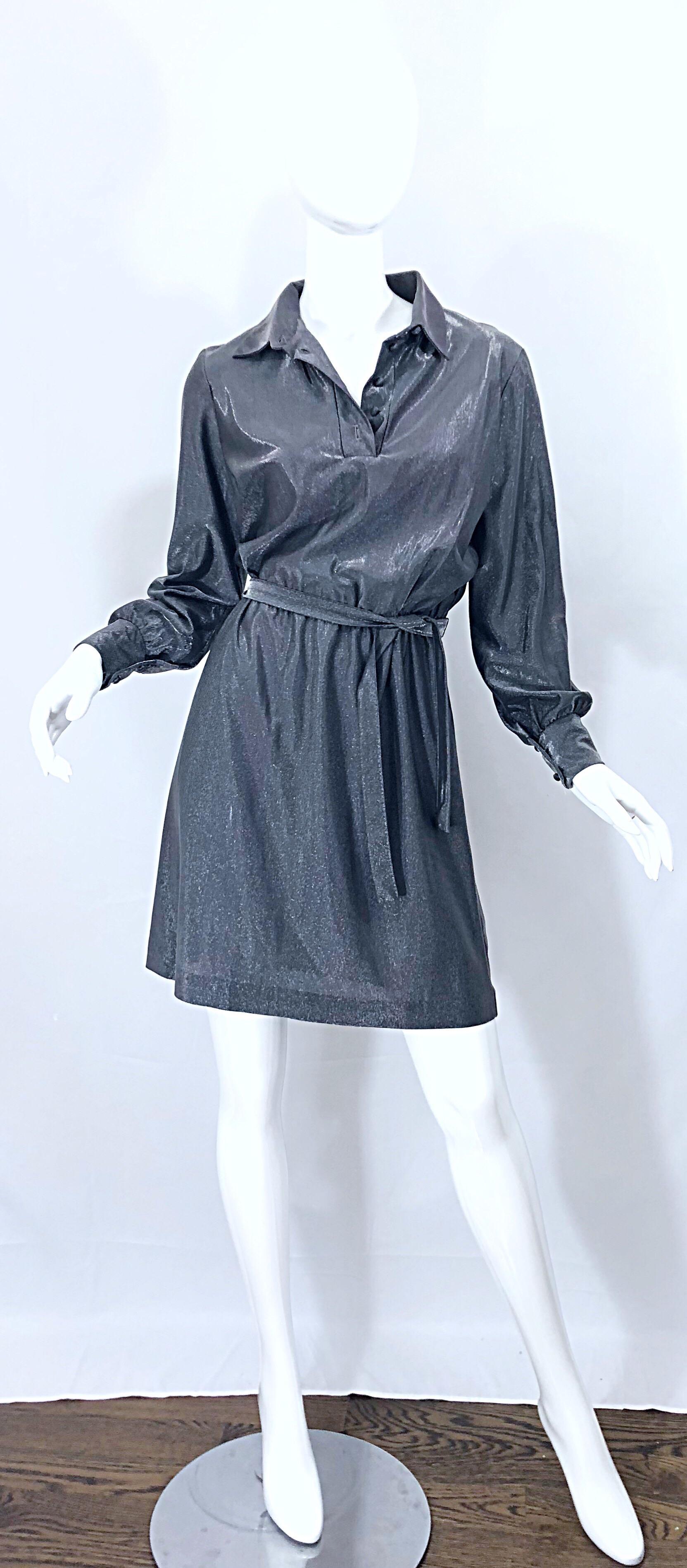 1970s Gunmetal Metallic Silver Gray Belted Vintage 70s Long Sleeve Shirt Dress For Sale 1